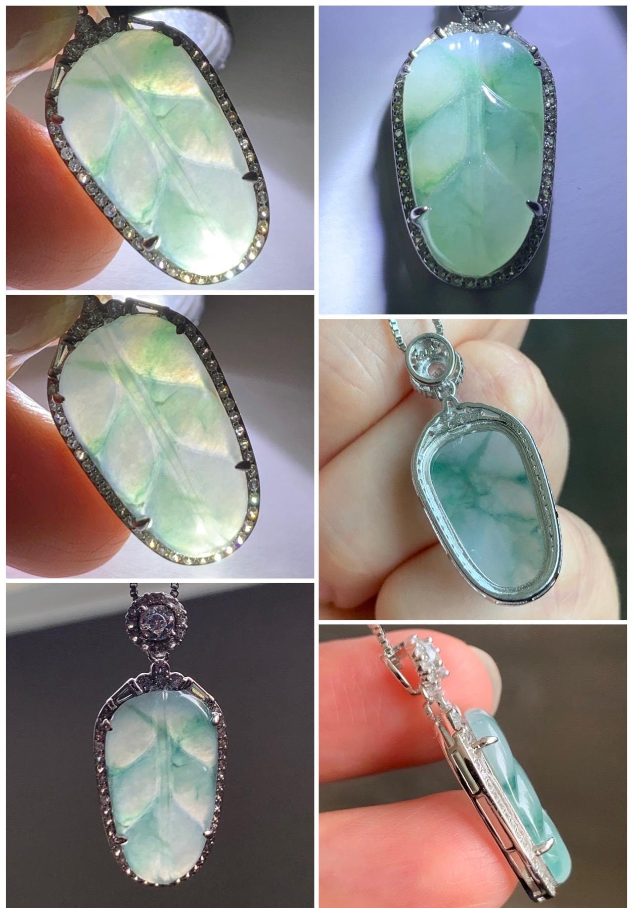 Small Natural Grade A Icy Highly Translucent Gelatinous Green Marbled Jadeite Leaf Pendant S925 Sterling Silver 天然冰胶飘绿花翡翠叶子银镶吊坠 YXR88-E
