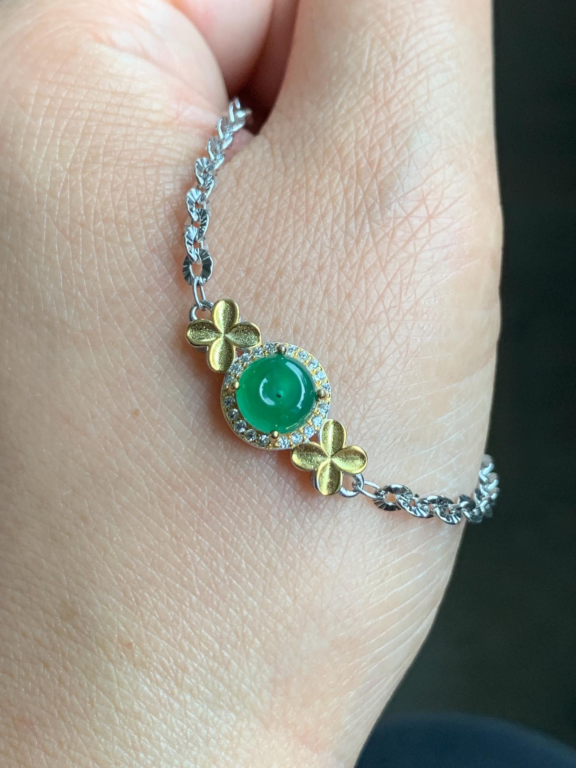 Natural Guatemalan Icy Translucent Vibrant Green Jadeite Mini Ping An Kou Donut Chain Bracelet Sterling Silver 天然冰危绿翡翠迷你平安扣银手链 PAL128J