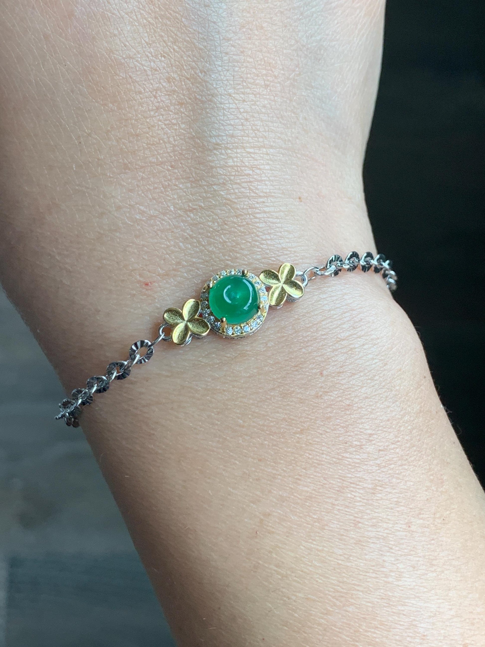 Natural Guatemalan Icy Translucent Vibrant Green Jadeite Mini Ping An Kou Donut Chain Bracelet Sterling Silver 天然冰危绿翡翠迷你平安扣银手链 PAL128J