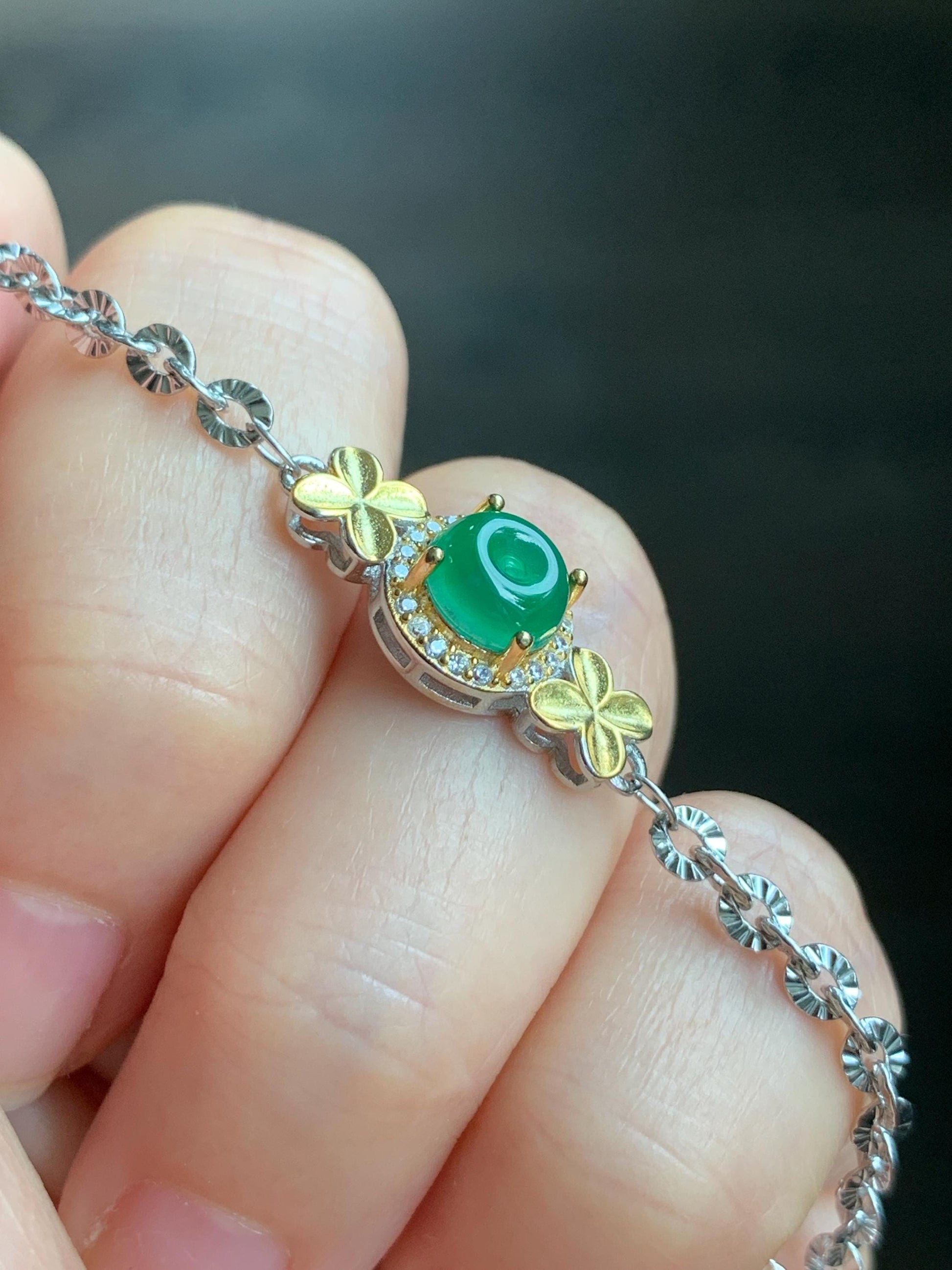 Natural Guatemalan Icy Translucent Vibrant Green Jadeite Mini Ping An Kou Donut Chain Bracelet Sterling Silver 天然冰危绿翡翠迷你平安扣银手链 PAL128J