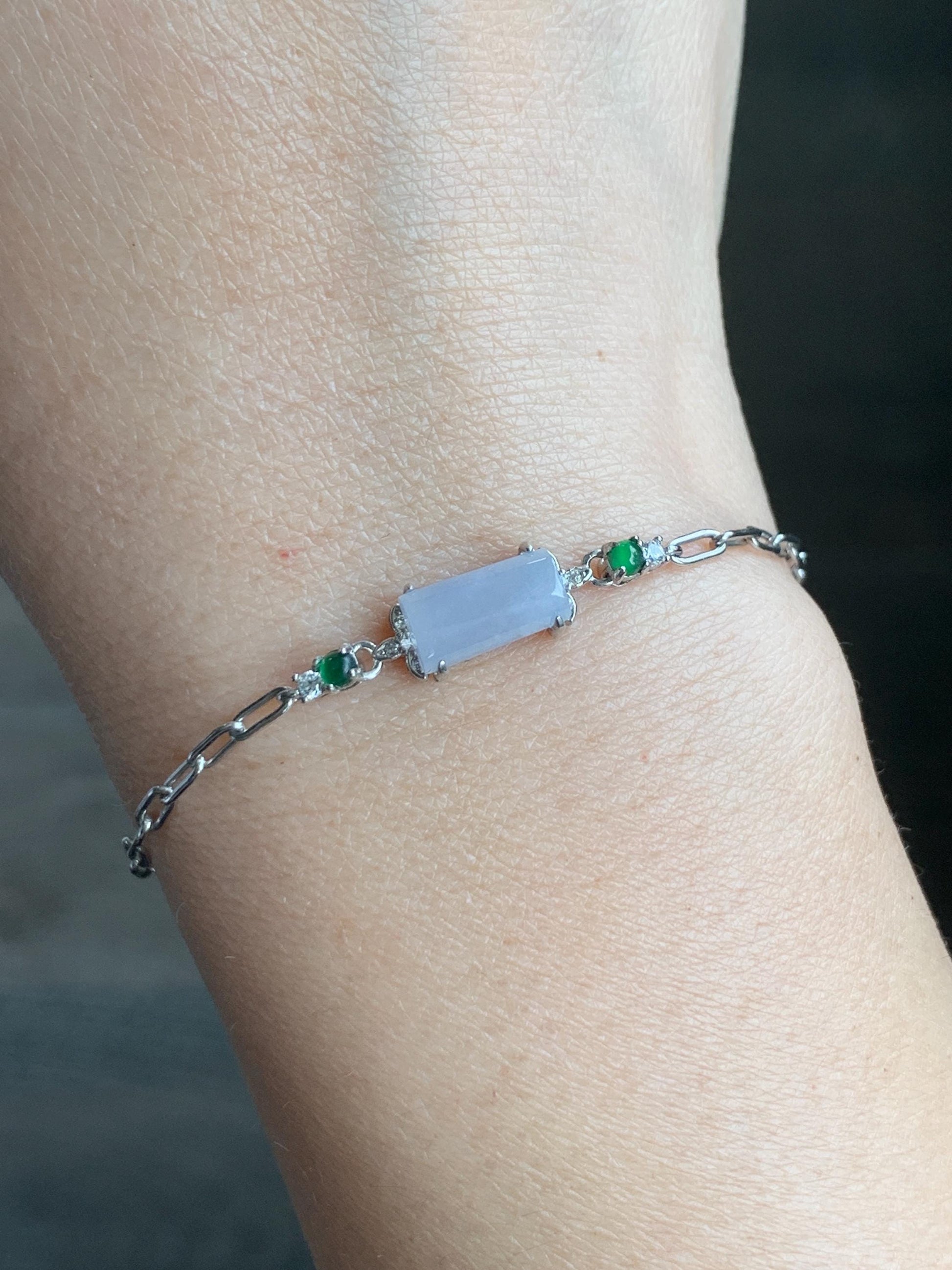 Natural Grade A Icy Translucent Pastel Purple & Vibrant Green Jadeite Chain Bracelet Sterling Silver 6.25”-7.5” 3g 天然冰淡紫翡翠马鞍银手链 DZA98