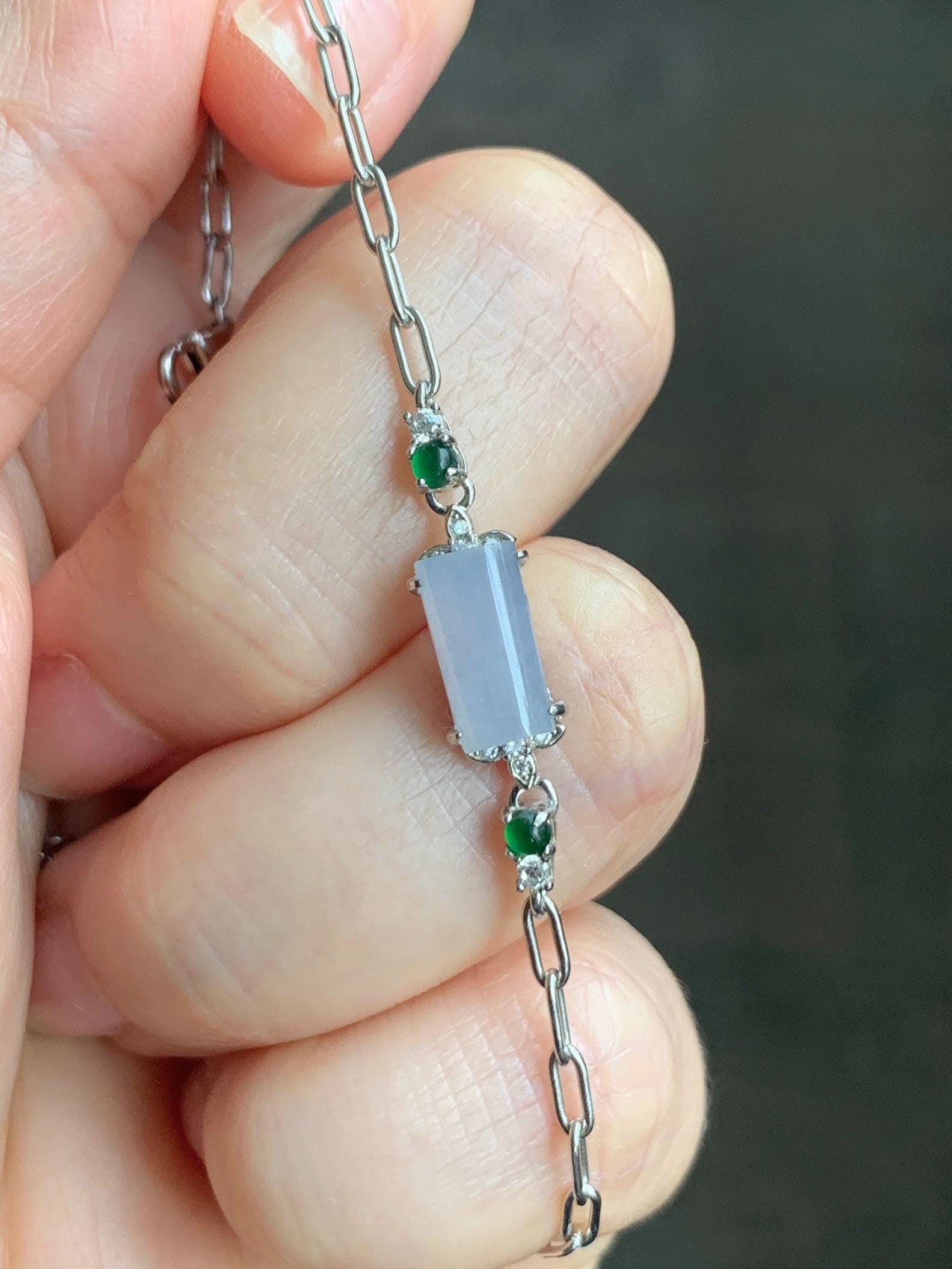 Natural Grade A Icy Translucent Pastel Purple & Vibrant Green Jadeite Chain Bracelet Sterling Silver 6.25”-7.5” 3g 天然冰淡紫翡翠马鞍银手链 DZA98