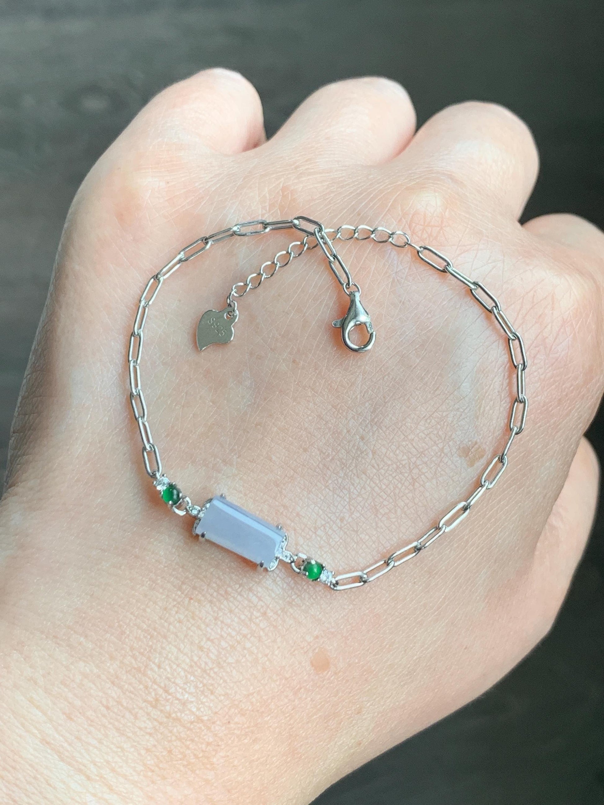 Natural Grade A Icy Translucent Pastel Purple & Vibrant Green Jadeite Chain Bracelet Sterling Silver 6.25”-7.5” 3g 天然冰淡紫翡翠马鞍银手链 DZA98