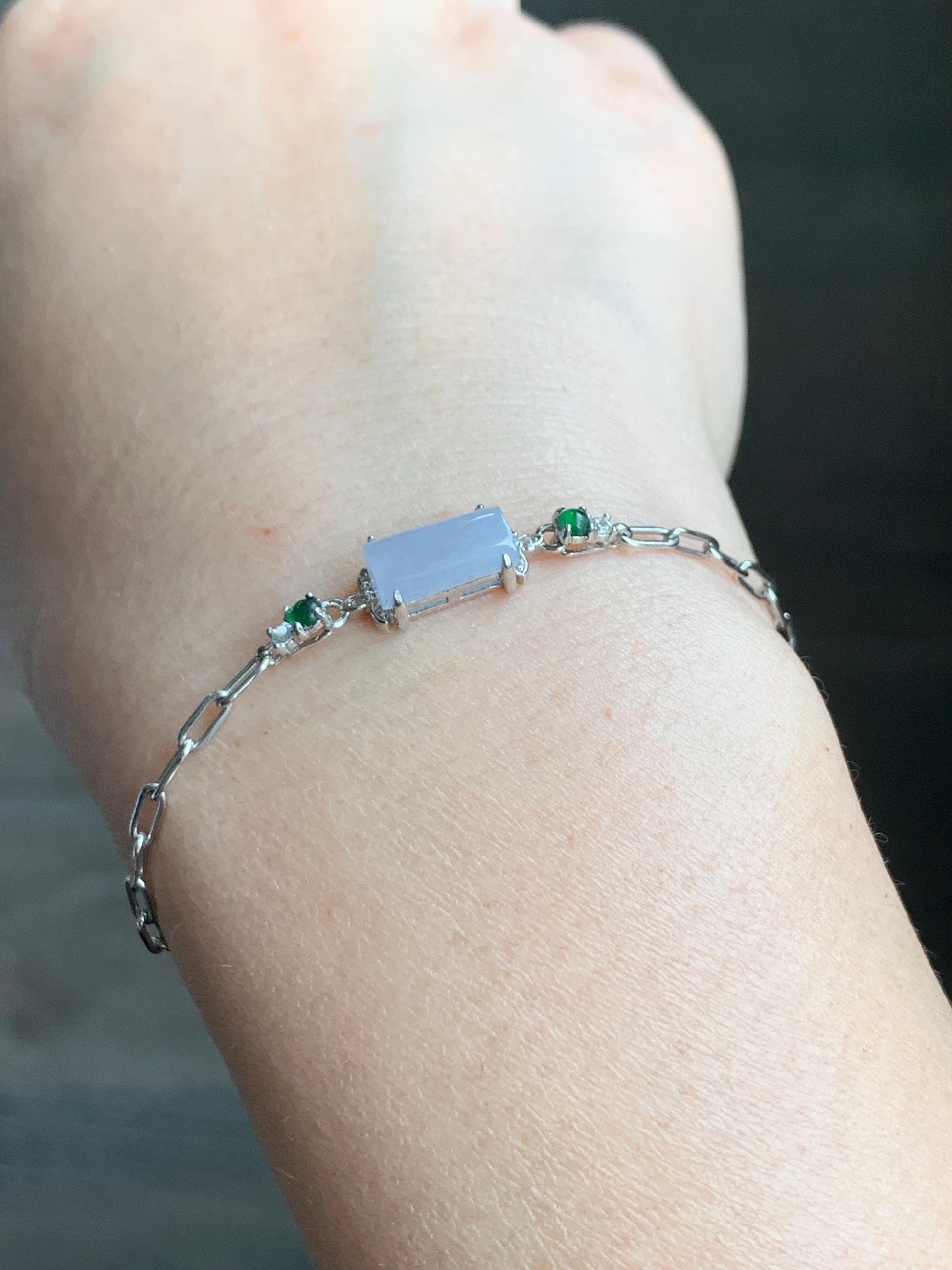 Natural Grade A Icy Translucent Pastel Purple & Vibrant Green Jadeite Chain Bracelet Sterling Silver 6.25”-7.5” 3g 天然冰淡紫翡翠马鞍银手链 DZA98