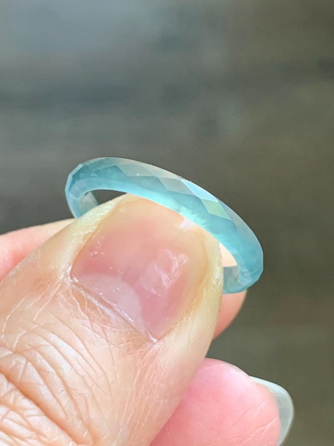 Natural Guatemalan Icy Highly Translucent Gelatinous Pastel Teal Blue Jadeite Diamond Faceted Slim Band Ring Size 6.5 天然冰危浅蓝起光翡翠切割面戒圈 DLQG-D