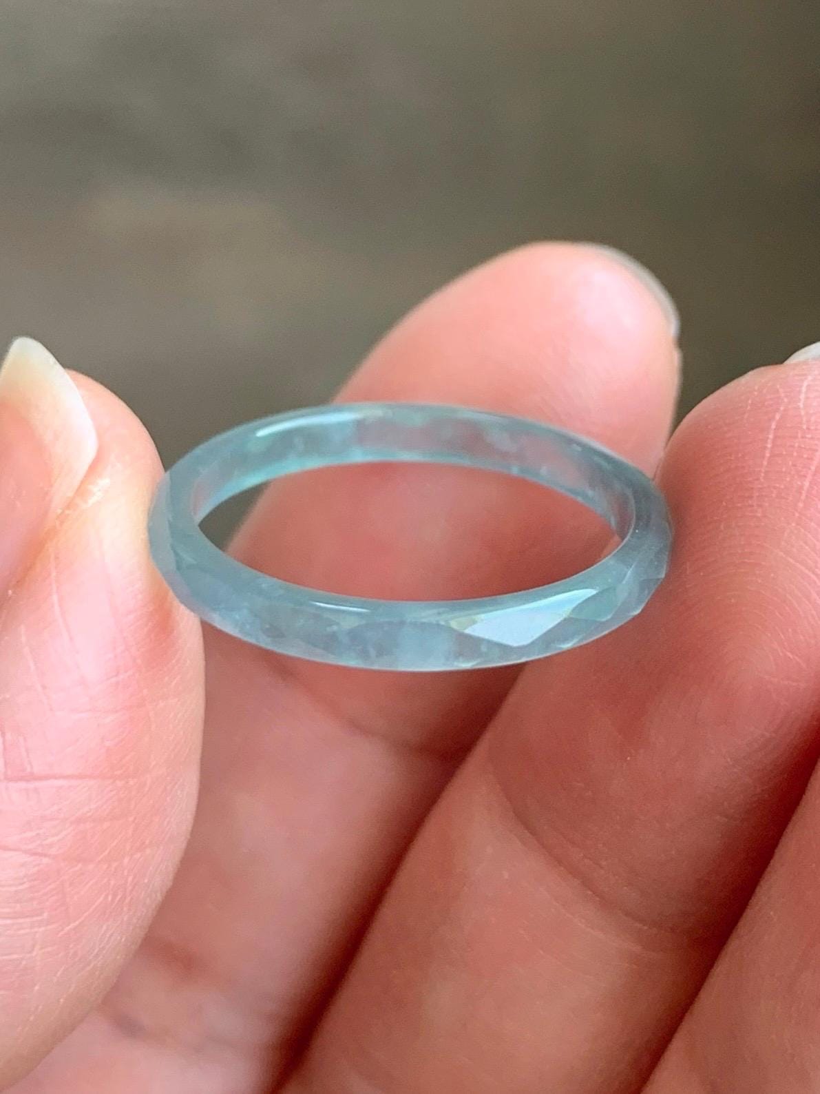 Natural Guatemalan Icy Highly Translucent Gelatinous Pastel Teal Blue Jadeite Diamond Faceted Slim Band Ring Sz 7.25 天然冰危浅蓝起光翡翠切割面戒圈 DLQG-C