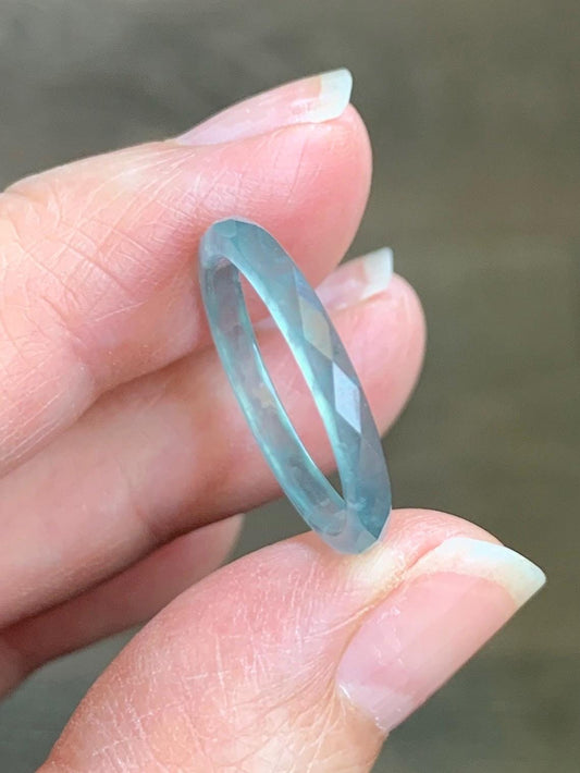 Natural Guatemalan Icy Highly Translucent Gelatinous Pastel Teal Blue Jadeite Diamond Faceted Slim Band Ring Sz 7.25 天然冰危浅蓝起光翡翠切割面戒圈 DLQG-C