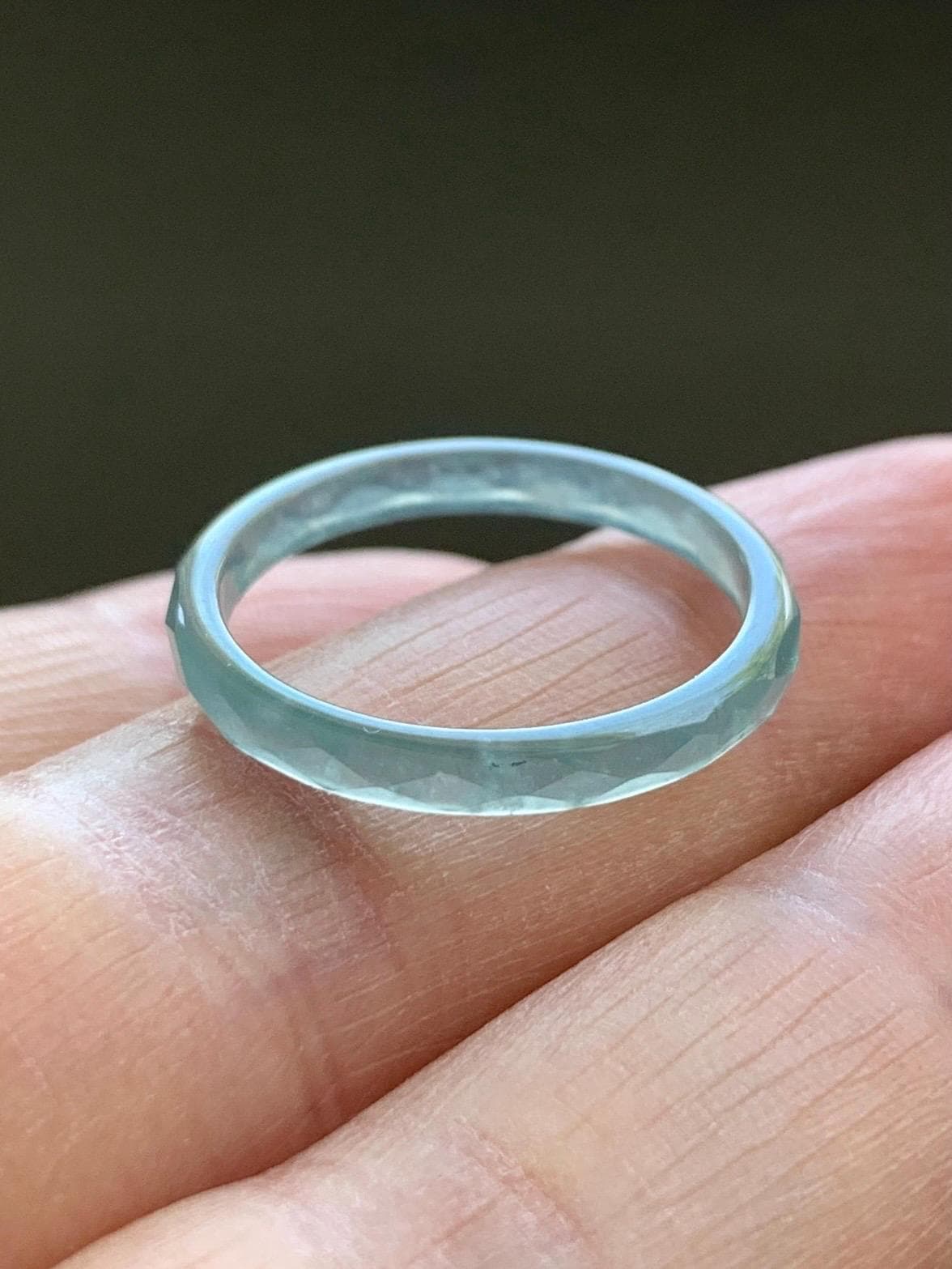 Natural Guatemalan Icy Highly Translucent Gelatinous Pastel Teal Blue Jadeite Diamond Faceted Slim Band Ring Sz 7.25 天然冰危浅蓝起光翡翠切割面戒圈 DLQG-C