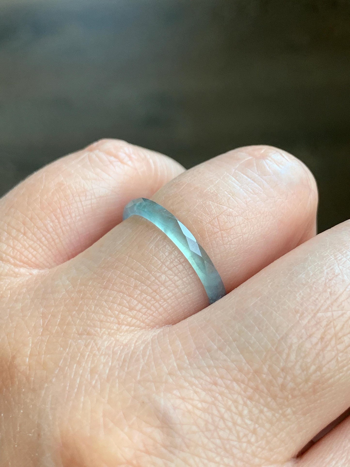 Natural Guatemalan Icy Highly Translucent Gelatinous Pastel Teal Blue Jadeite Diamond Faceted Slim Band Ring Sz 7.25 天然冰危浅蓝起光翡翠切割面戒圈 DLQG-C