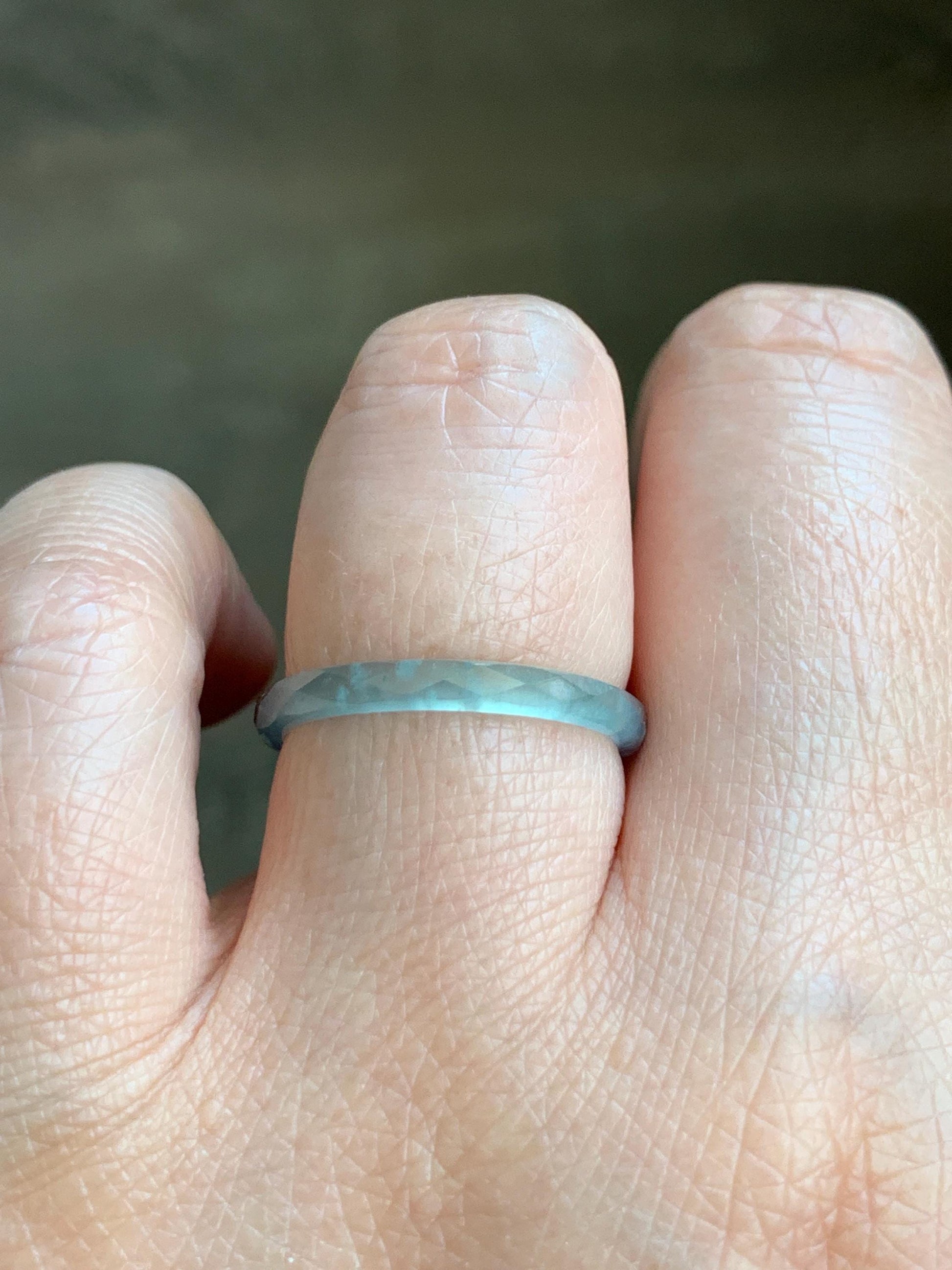 Natural Guatemalan Icy Highly Translucent Gelatinous Pastel Teal Blue Jadeite Diamond Faceted Slim Band Ring Sz 7.25 天然冰危浅蓝起光翡翠切割面戒圈 DLQG-C