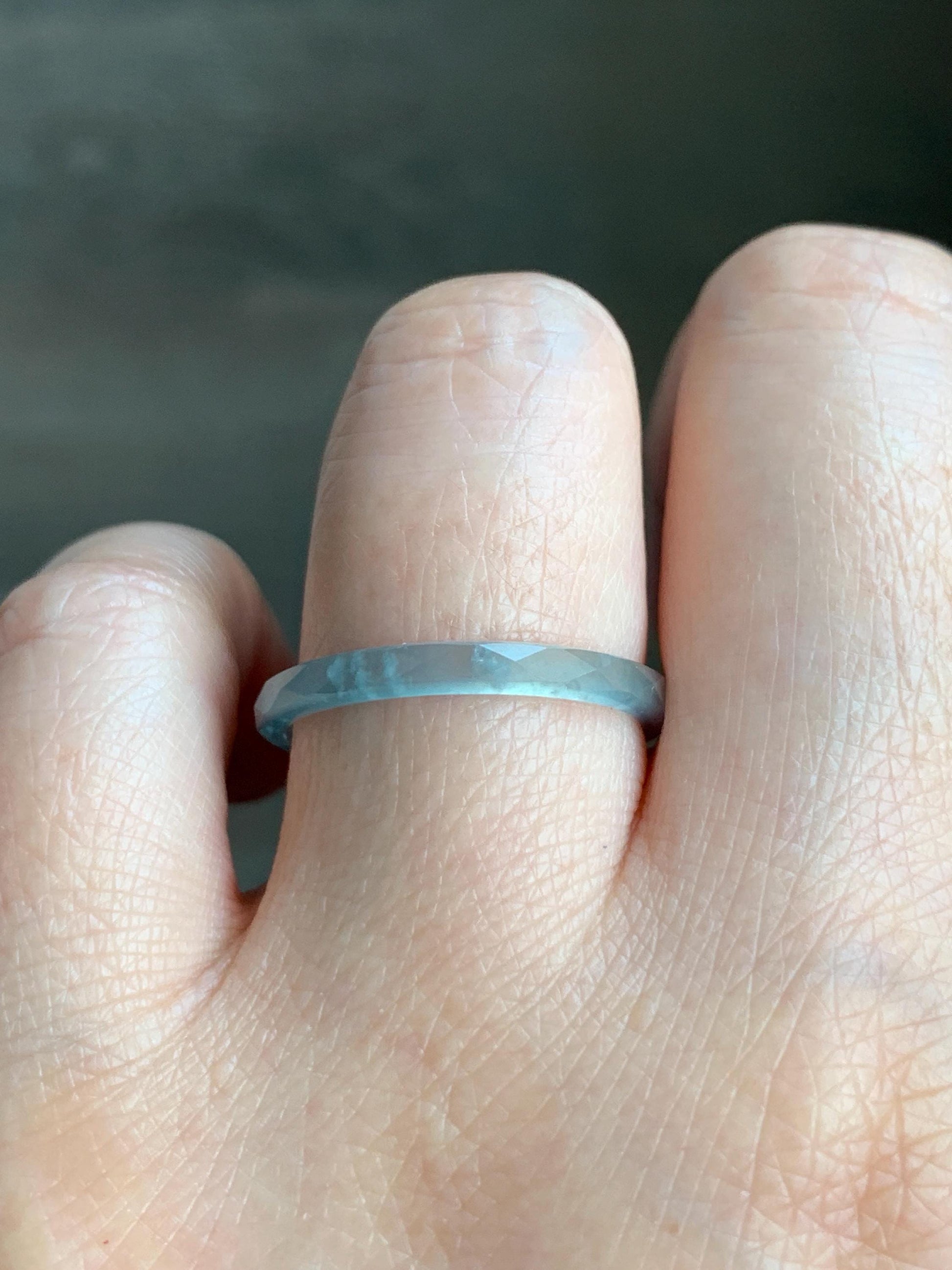 Natural Guatemalan Icy Highly Translucent Gelatinous Pastel Teal Blue Jadeite Diamond Faceted Slim Band Ring Sz 9.25 天然冰危浅蓝起光翡翠切割面戒圈 DLQG-B