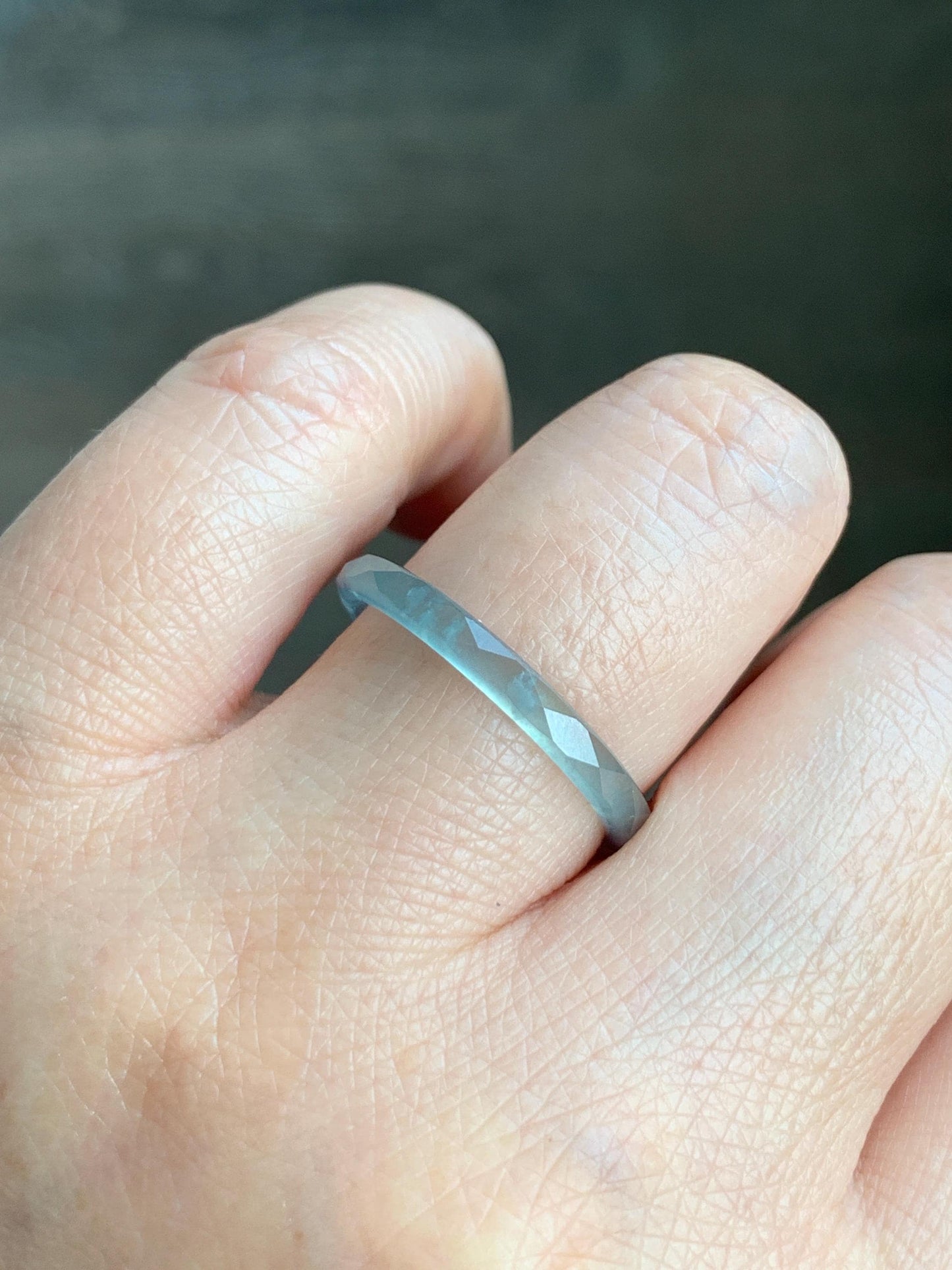 Natural Guatemalan Icy Highly Translucent Gelatinous Pastel Teal Blue Jadeite Diamond Faceted Slim Band Ring Sz 9.25 天然冰危浅蓝起光翡翠切割面戒圈 DLQG-B