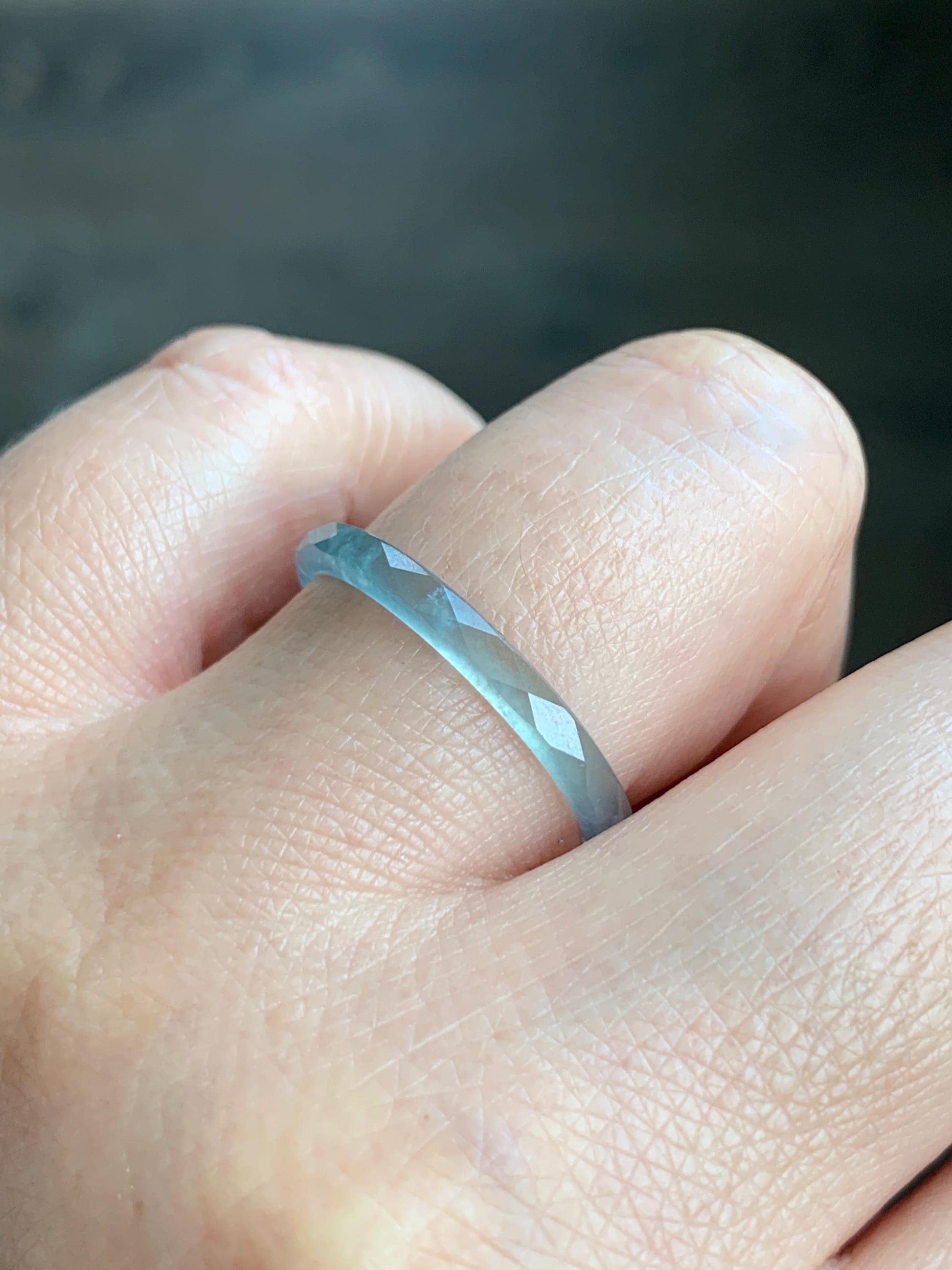 Natural Guatemalan Icy Highly Translucent Gelatinous Pastel Teal Blue Jadeite Diamond Faceted Slim Band Ring Sz 9.25 天然冰危浅蓝起光翡翠切割面戒圈 DLQG-B