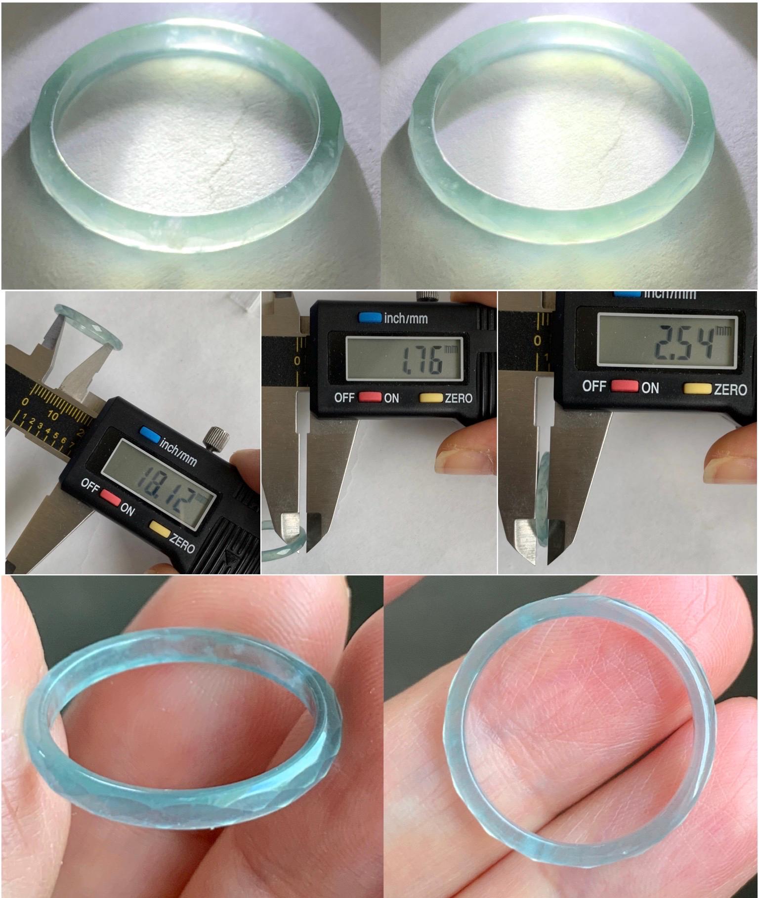 Natural Guatemalan Icy Highly Translucent Gelatinous Pastel Teal Blue Jadeite Diamond Faceted Slim Band Ring Sz 7.75 天然冰危浅蓝起光翡翠切割面戒圈 DLQG-A