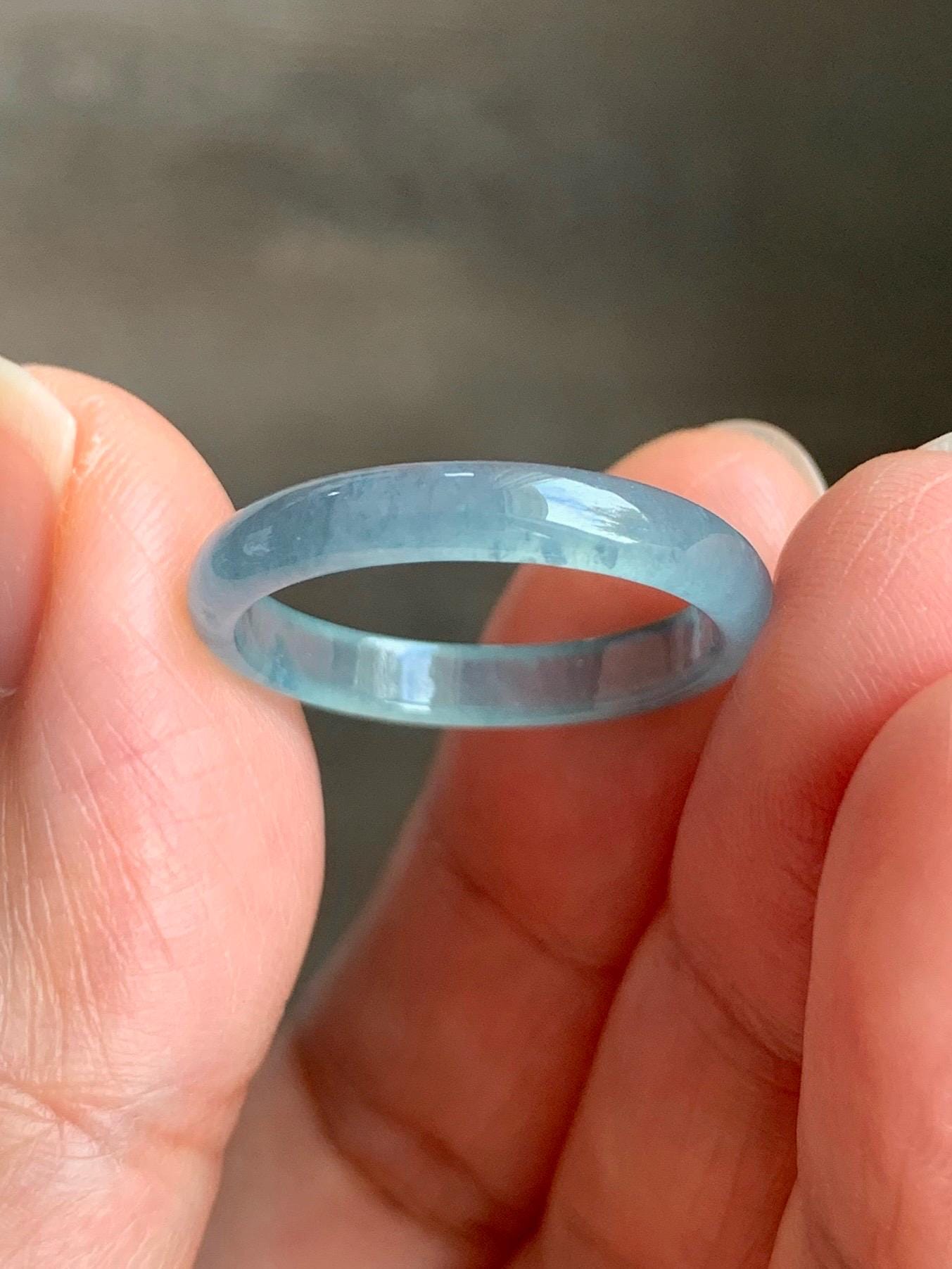 Natural Grade A Guatemalan Icy Highly Translucent Gelatinous Pastel Blue & Blue Marbled Jadeite Band Ring Size 7.75 天然冰危浅蓝起光飘蓝花翡翠戒圈 PLH68