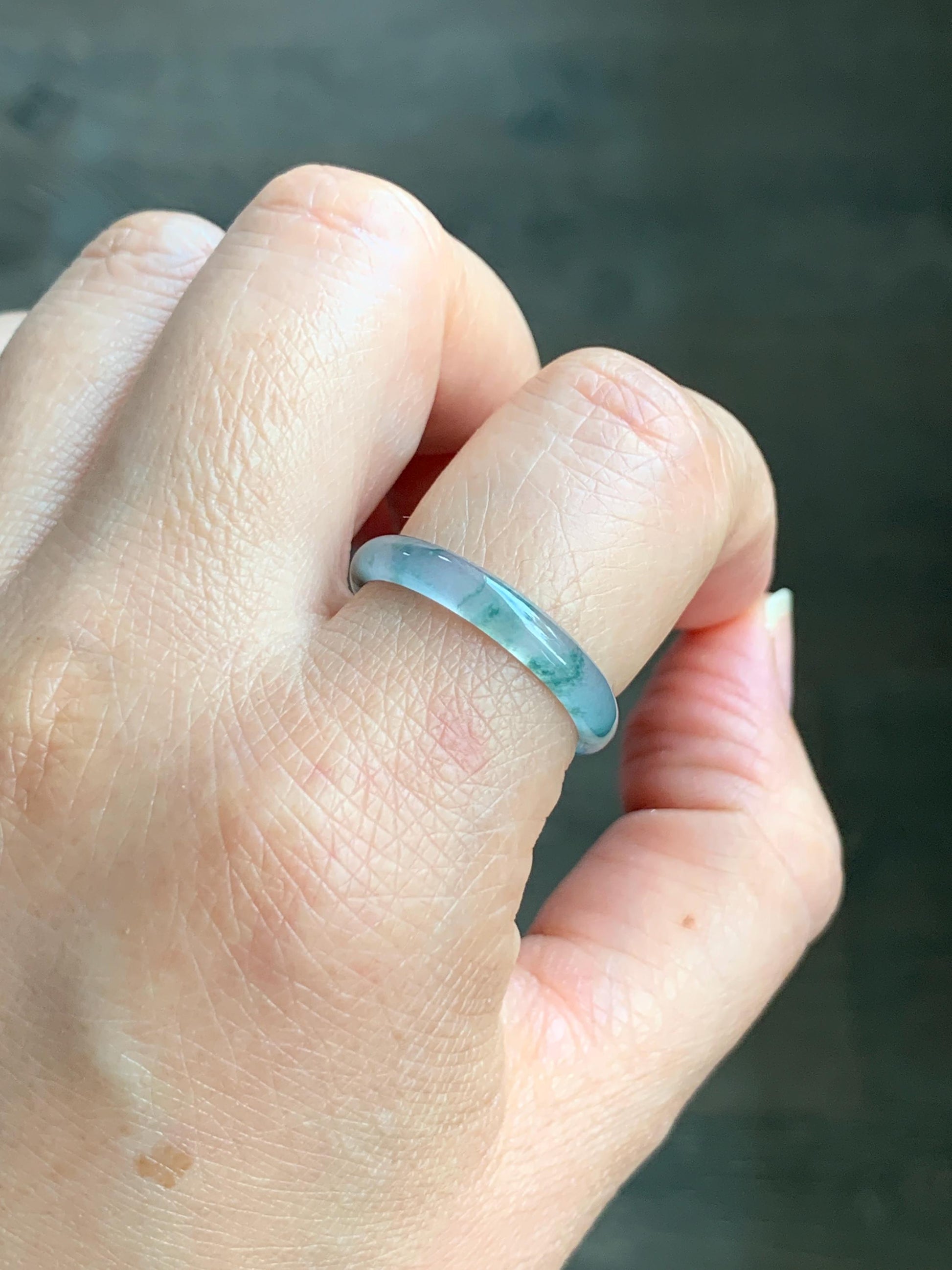 Natural Grade A Guatemalan Icy Highly Translucent Gelatinous Pastel Blue & Green Marbled Jadeite Band Ring Size 10.25 天然冰危浅蓝起光飘绿花翡翠戒圈 PHW55