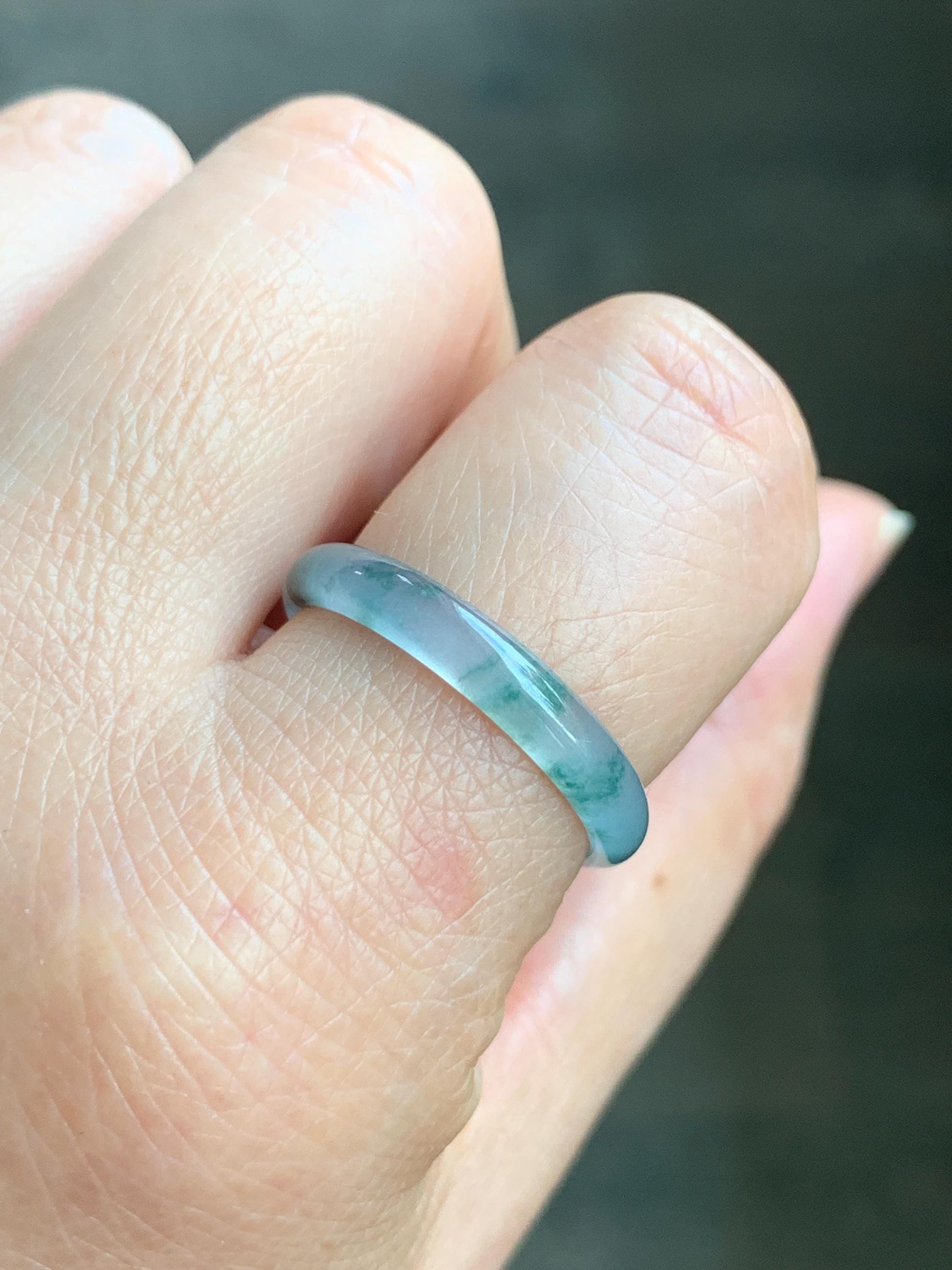 Natural Grade A Guatemalan Icy Highly Translucent Gelatinous Pastel Blue & Green Marbled Jadeite Band Ring Size 10.25 天然冰危浅蓝起光飘绿花翡翠戒圈 PHW55