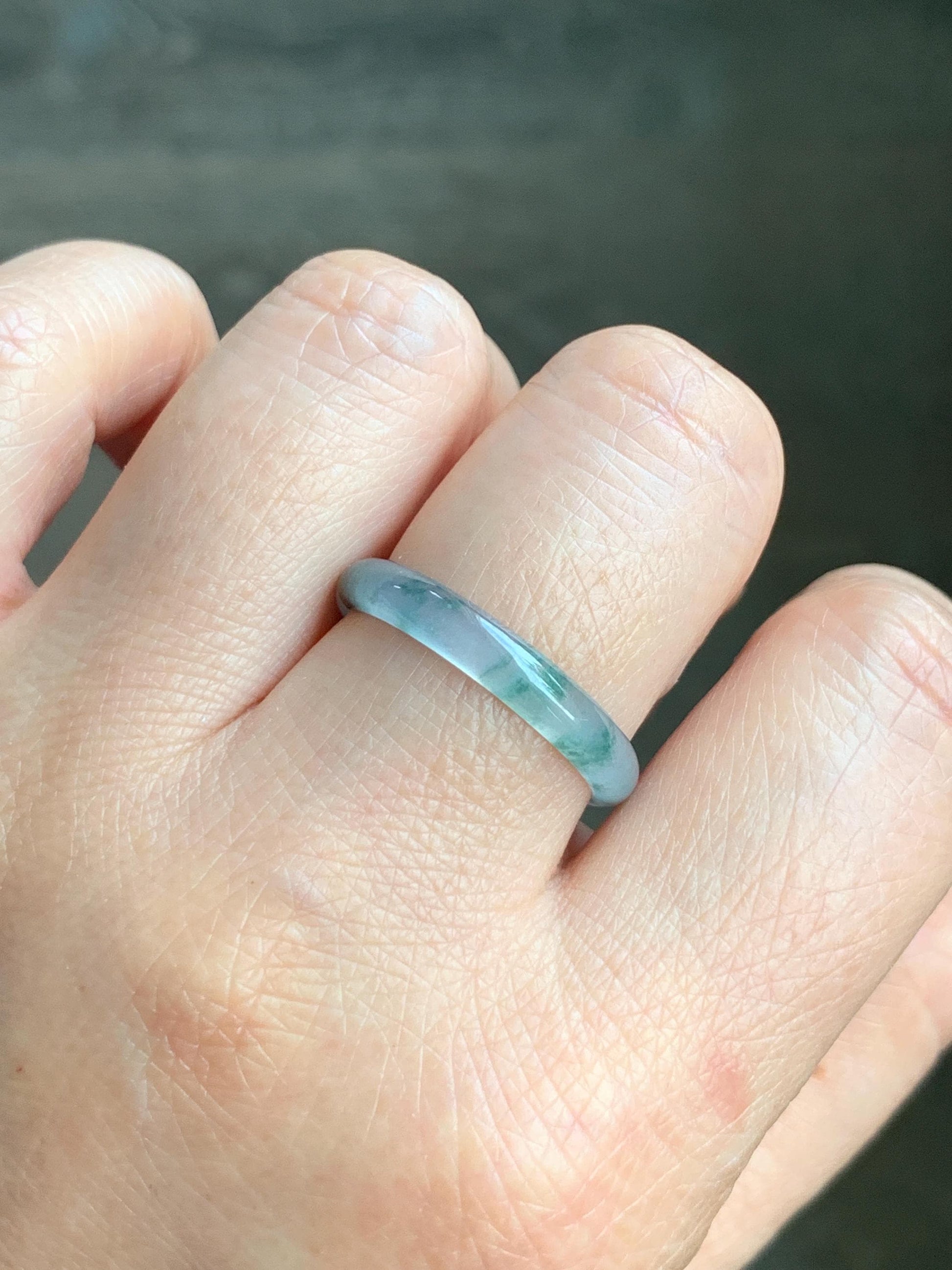 Natural Grade A Guatemalan Icy Highly Translucent Gelatinous Pastel Blue & Green Marbled Jadeite Band Ring Size 10.25 天然冰危浅蓝起光飘绿花翡翠戒圈 PHW55
