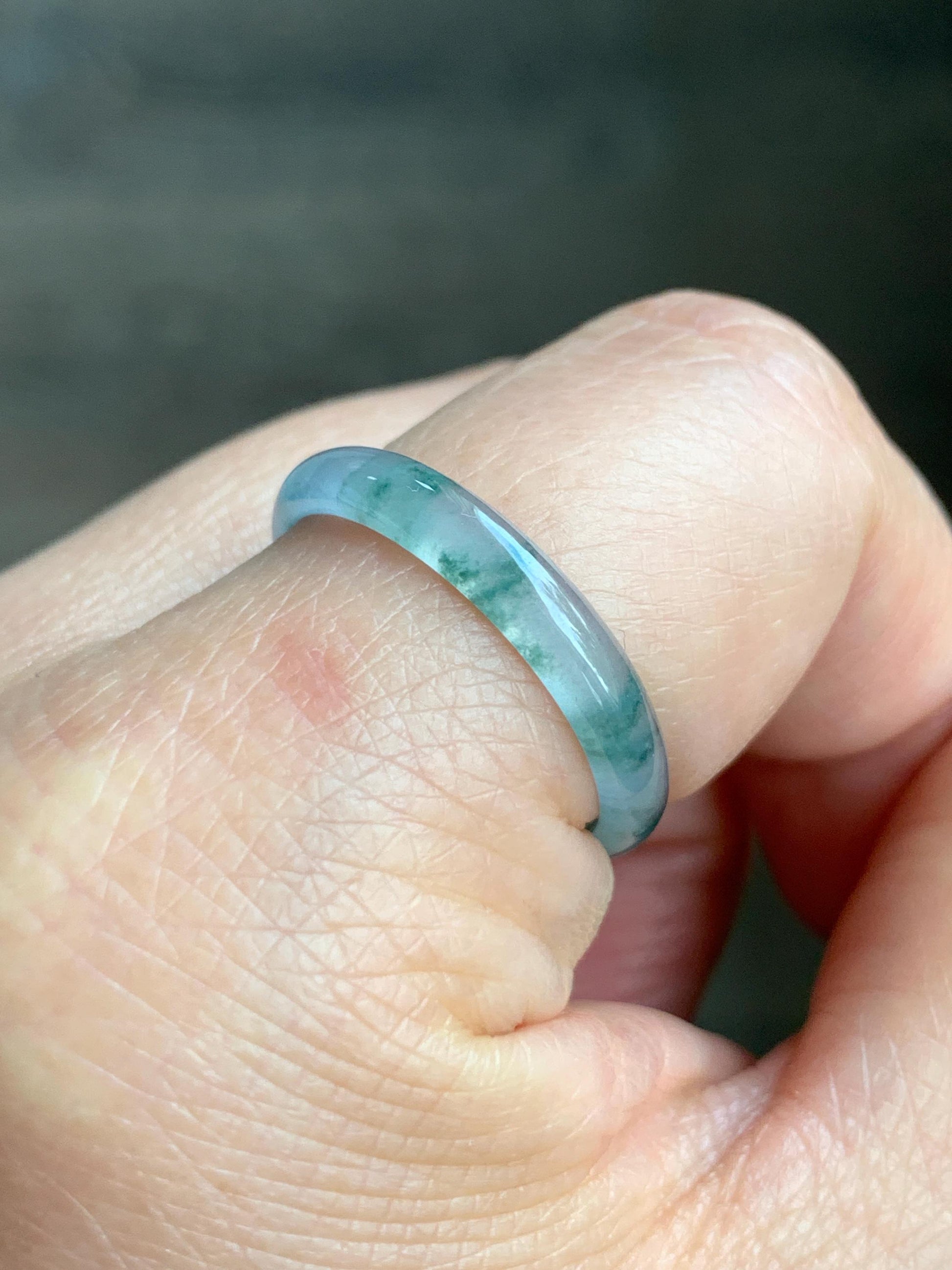 Natural Grade A Guatemalan Icy Highly Translucent Gelatinous Pastel Blue & Green Marbled Jadeite Band Ring Size 10.25 天然冰危浅蓝起光飘绿花翡翠戒圈 PHW55
