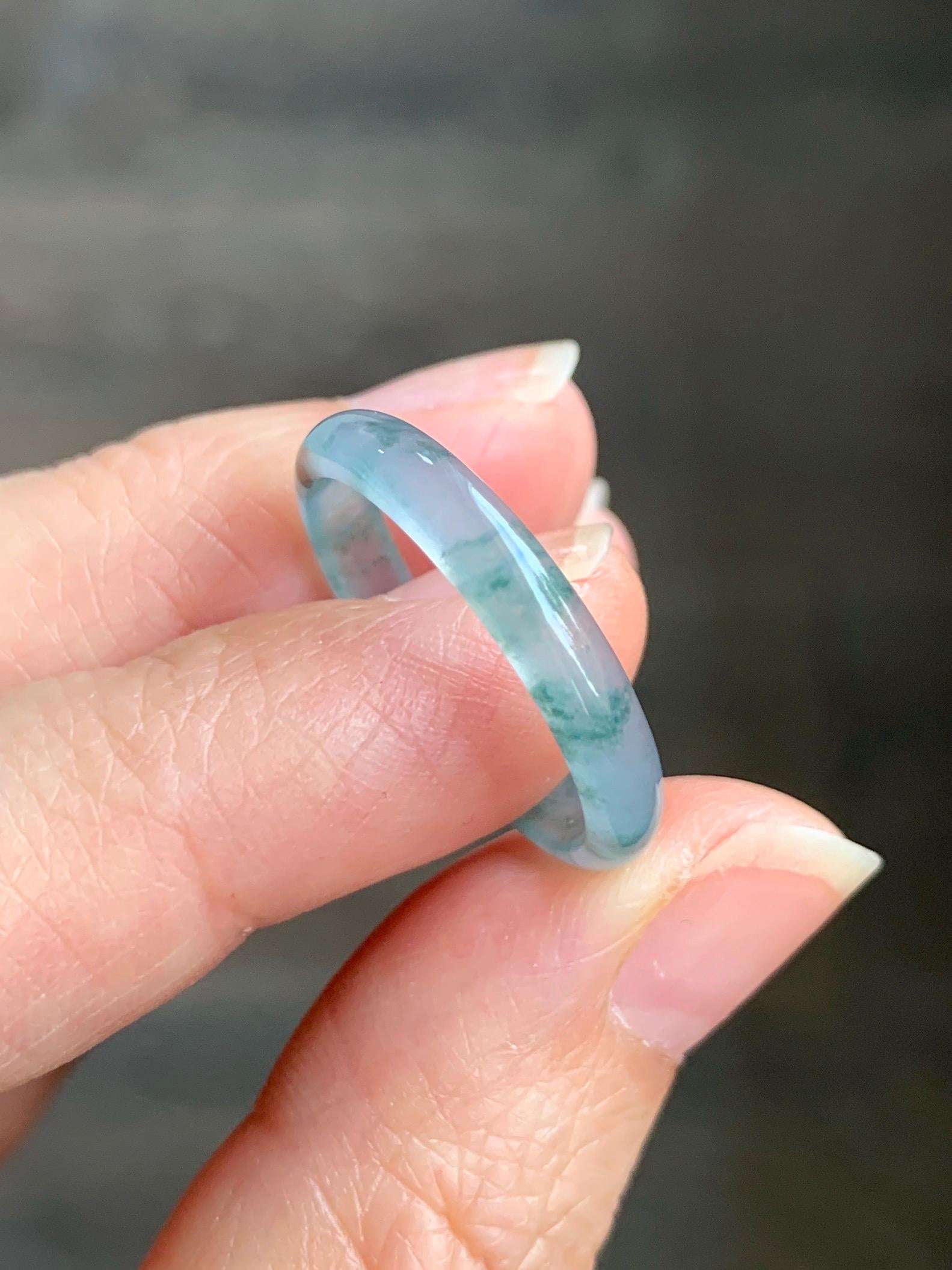 Natural Grade A Guatemalan Icy Highly Translucent Gelatinous Pastel Blue & Green Marbled Jadeite Band Ring Size 10.25 天然冰危浅蓝起光飘绿花翡翠戒圈 PHW55