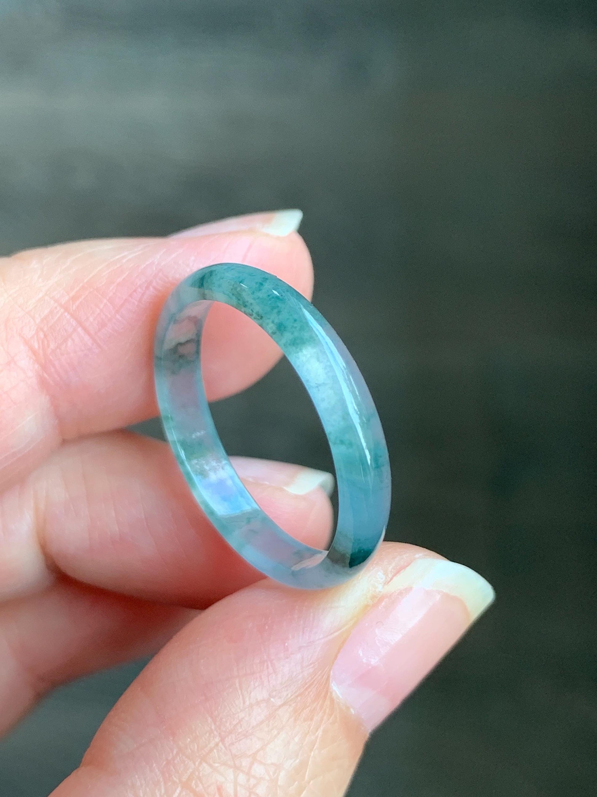 Natural Grade A Guatemalan Icy Highly Translucent Gelatinous Pastel Blue & Green Marbled Jadeite Band Ring Size 10.25 天然冰危浅蓝起光飘绿花翡翠戒圈 PHW55