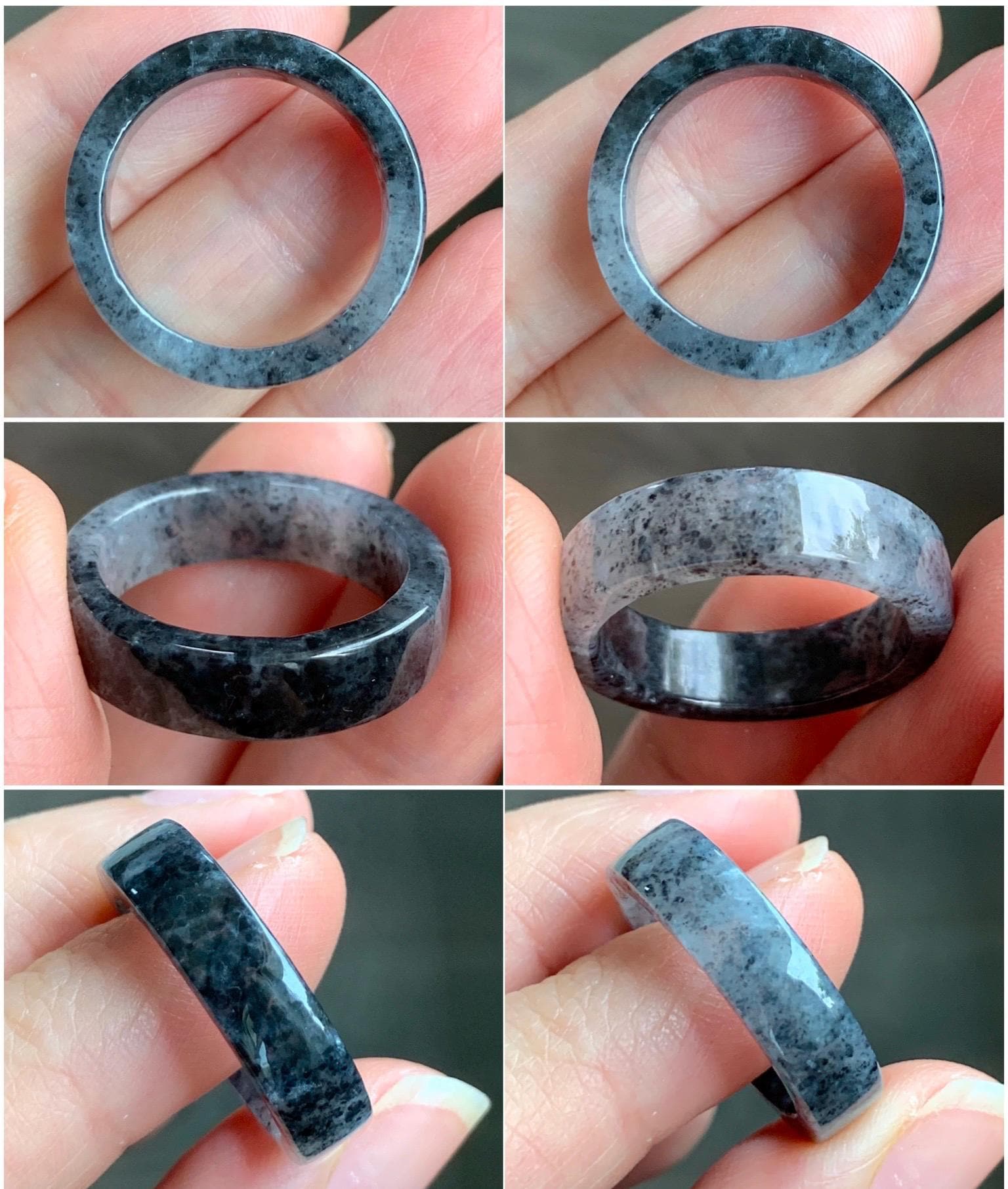Natural Grade A Icy Highly Translucent Gelatinous Dark Wuji Marbled Jadeite Square Edged Band Ring Size 8.5 US 天然冰胶乌鸡翡翠方条戒圈 WJF240-B