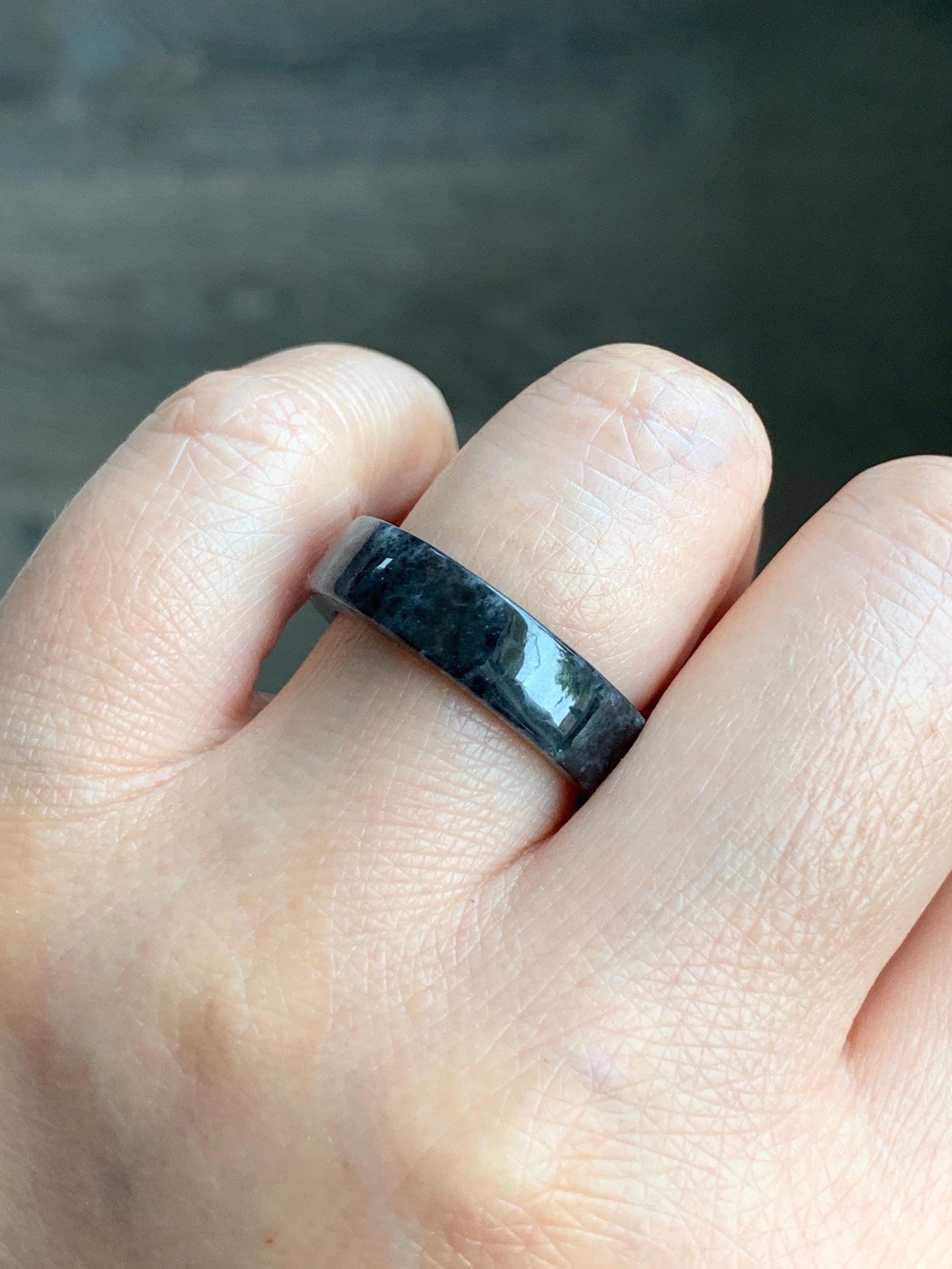 Natural Grade A Icy Highly Translucent Gelatinous Dark Wuji Marbled Jadeite Square Edged Band Ring Size 8.5 US 天然冰胶乌鸡翡翠方条戒圈 WJF240-B