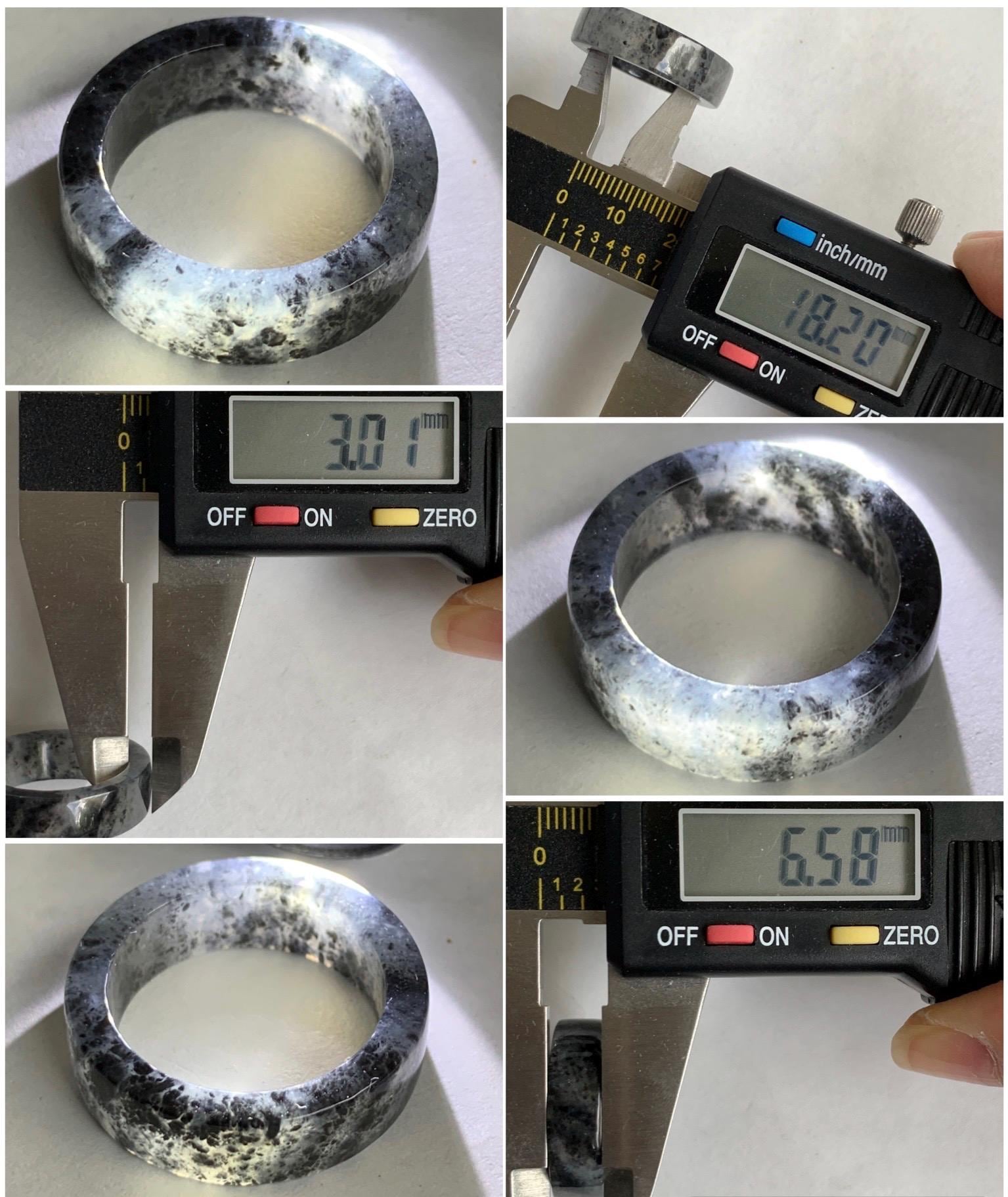 Natural Grade A Icy Highly Translucent Gelatinous Dark Wuji Marbled Jadeite Square Edged Band Ring Size 7.75 US 天然冰胶乌鸡翡翠方条戒圈 WJF240-A