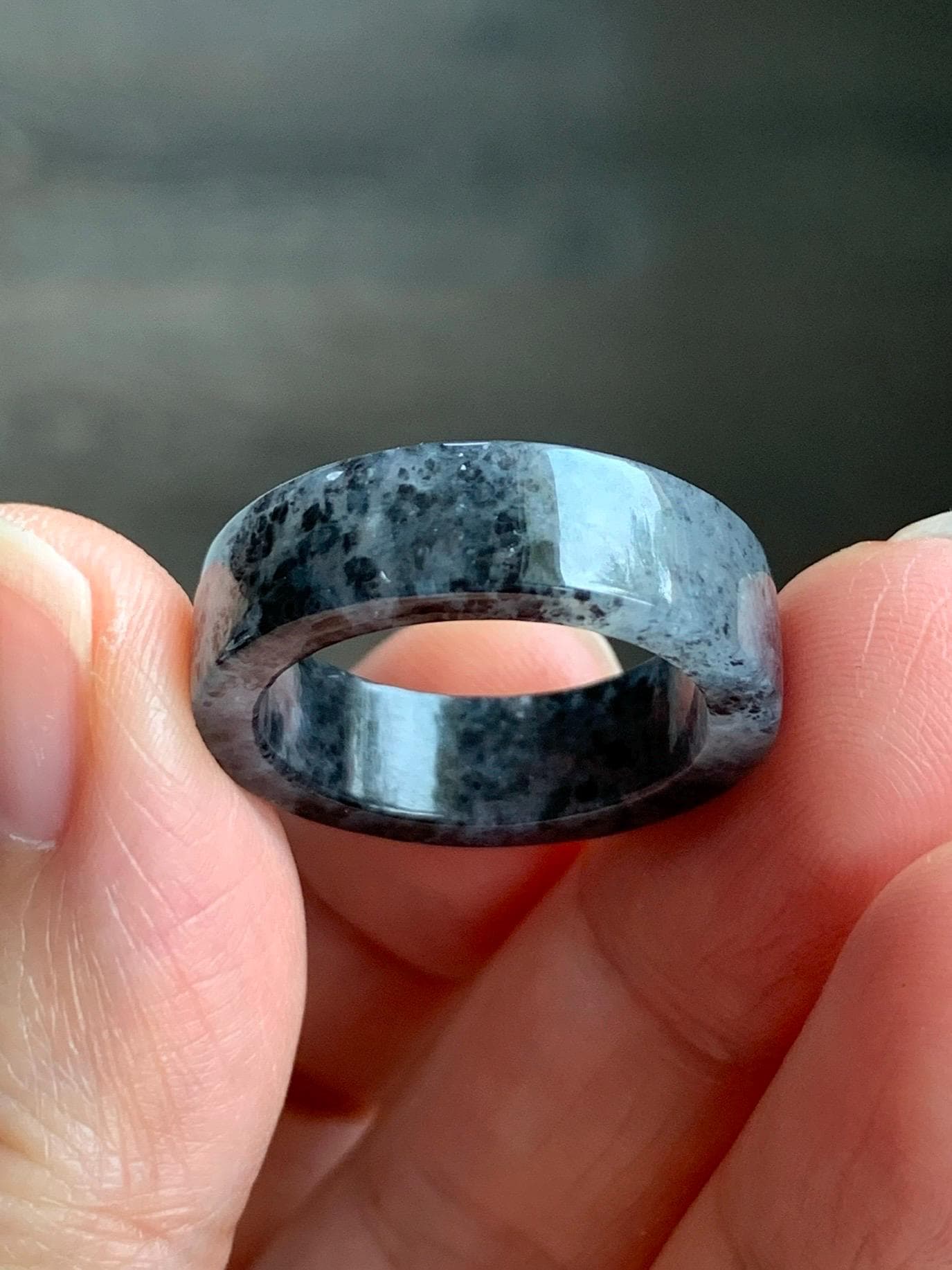 Natural Grade A Icy Highly Translucent Gelatinous Dark Wuji Marbled Jadeite Square Edged Band Ring Size 7.75 US 天然冰胶乌鸡翡翠方条戒圈 WJF240-A