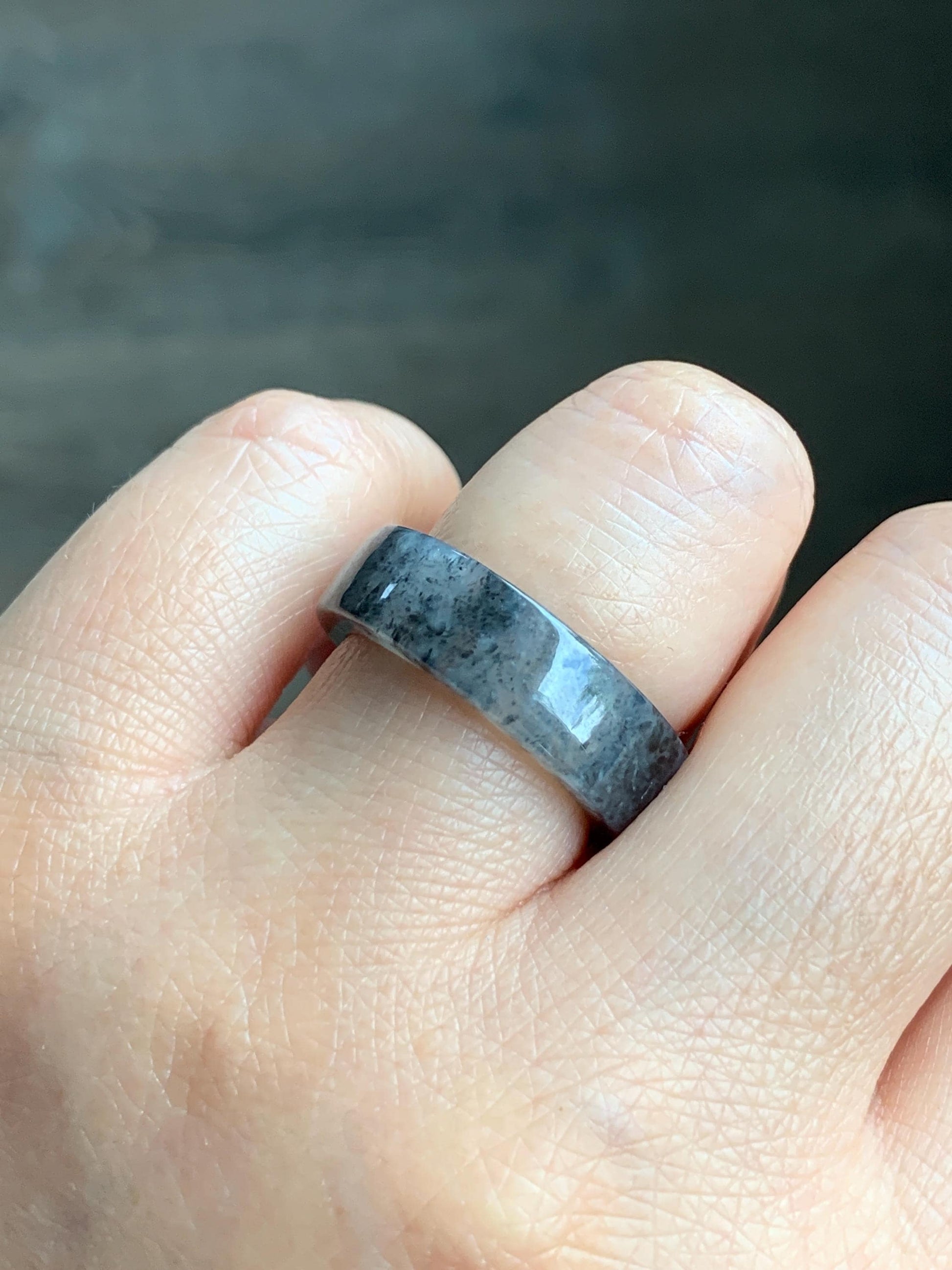 Natural Grade A Icy Highly Translucent Gelatinous Dark Wuji Marbled Jadeite Square Edged Band Ring Size 7.75 US 天然冰胶乌鸡翡翠方条戒圈 WJF240-A