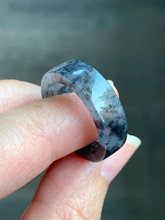 Natural Grade A Icy Highly Translucent Gelatinous Dark Wuji Marbled Jadeite Square Edged Band Ring Size 7.75 US 天然冰胶乌鸡翡翠方条戒圈 WJF240-A