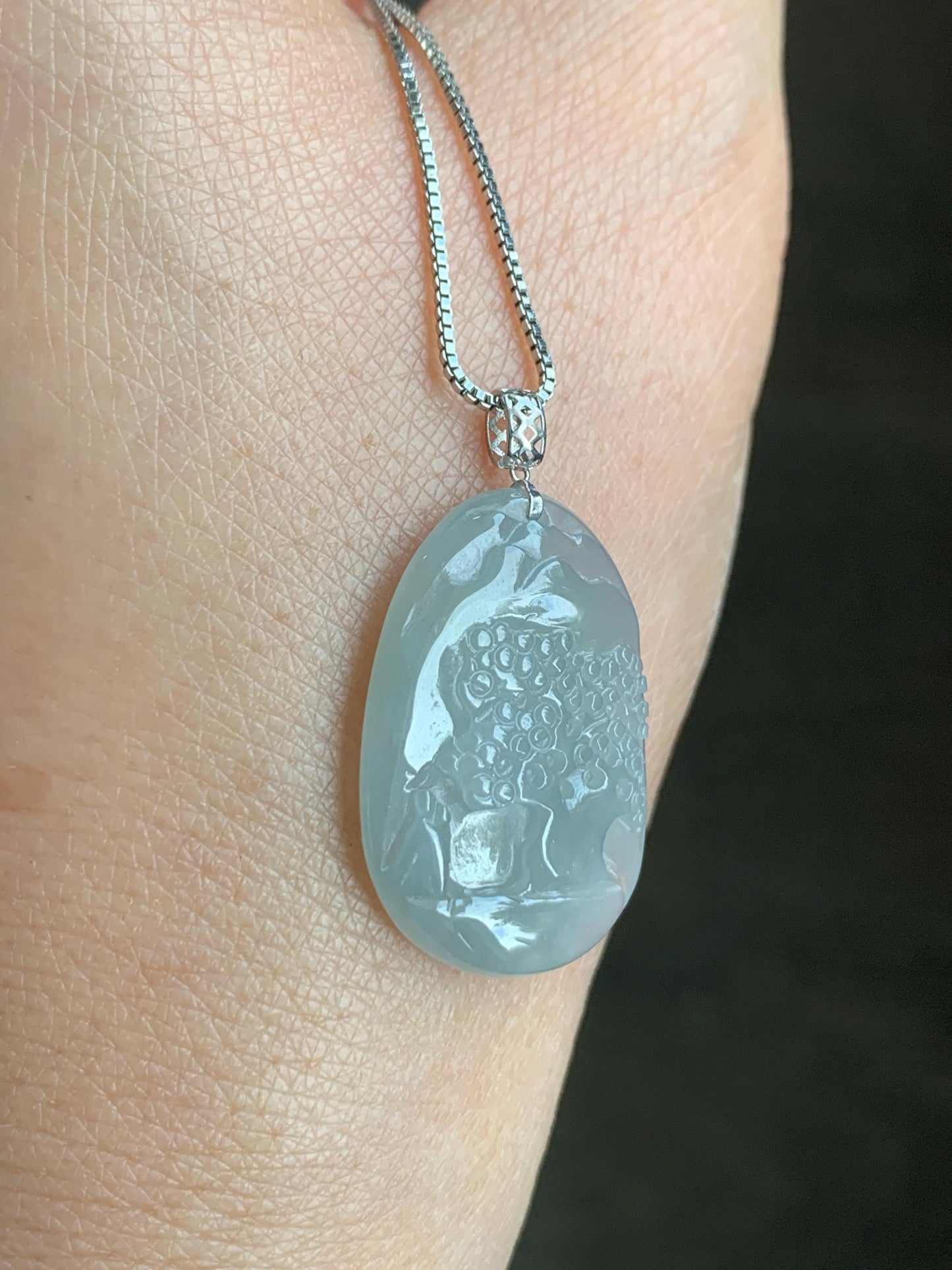 Natural Grade A Icy Translucent Gelatinous Dusty Blue Jadeite Shan Shui Landscape Scenery Pendant 18K White Gold 4g 天然冰淡蓝翡翠小山水牌吊坠 XMSH-A