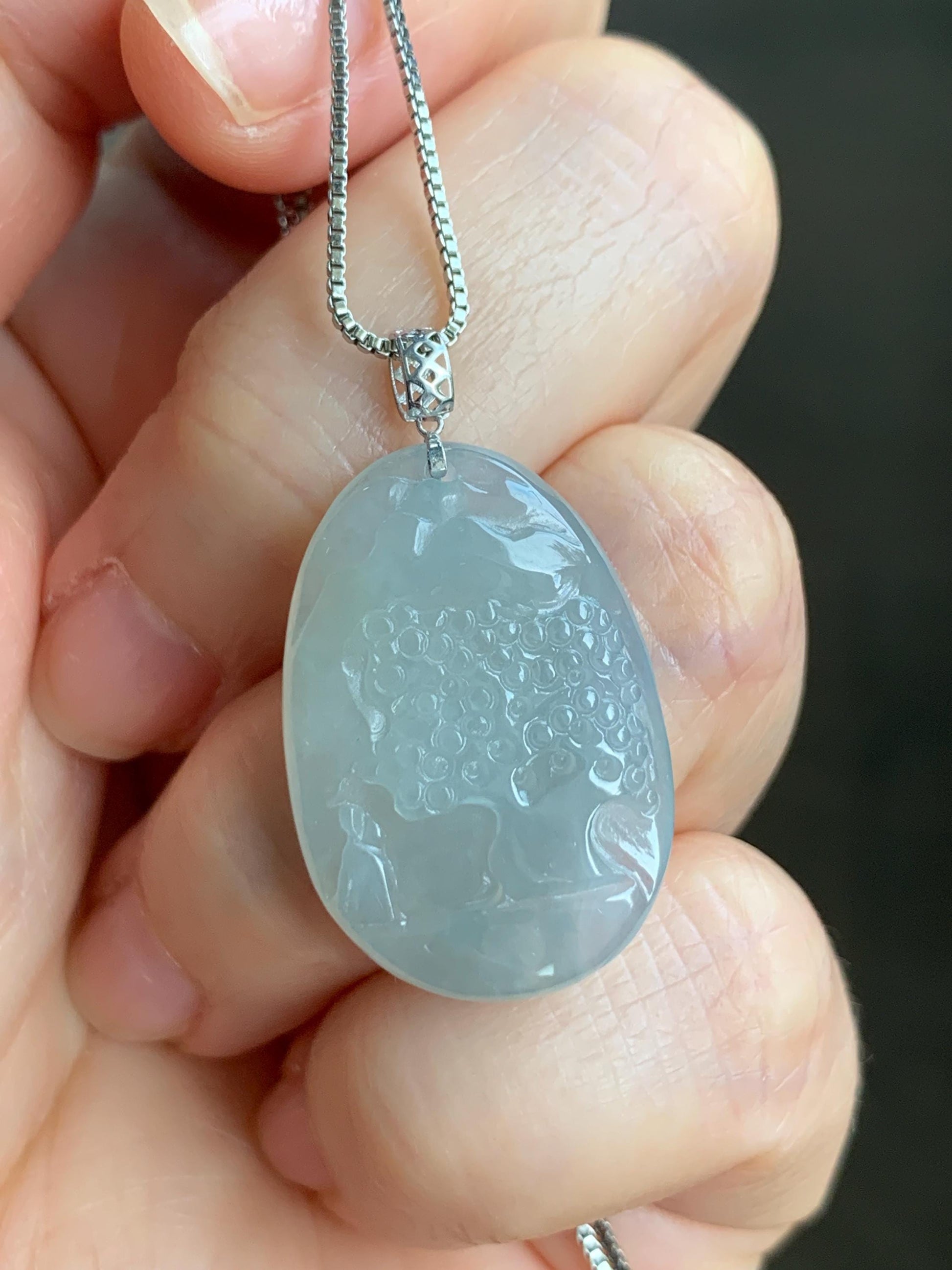 Natural Grade A Icy Translucent Gelatinous Dusty Blue Jadeite Shan Shui Landscape Scenery Pendant 18K White Gold 4g 天然冰淡蓝翡翠小山水牌吊坠 XMSH-A
