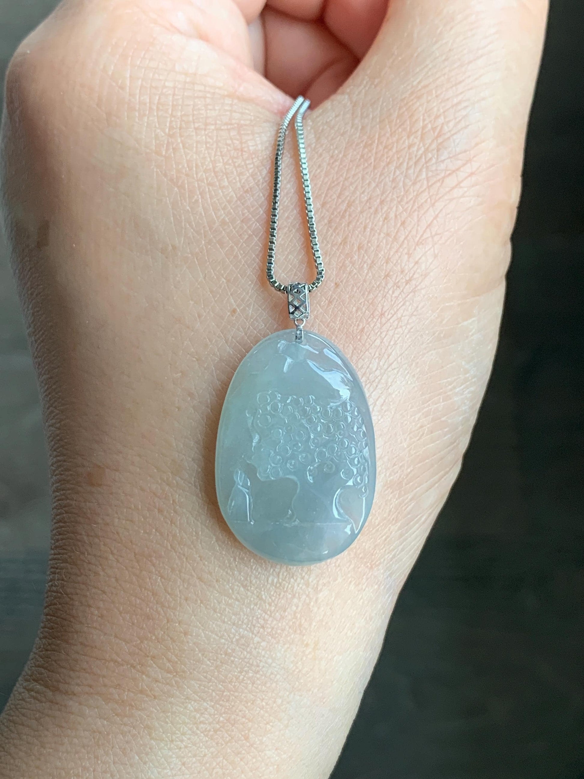 Natural Grade A Icy Translucent Gelatinous Dusty Blue Jadeite Shan Shui Landscape Scenery Pendant 18K White Gold 4g 天然冰淡蓝翡翠小山水牌吊坠 XMSH-A