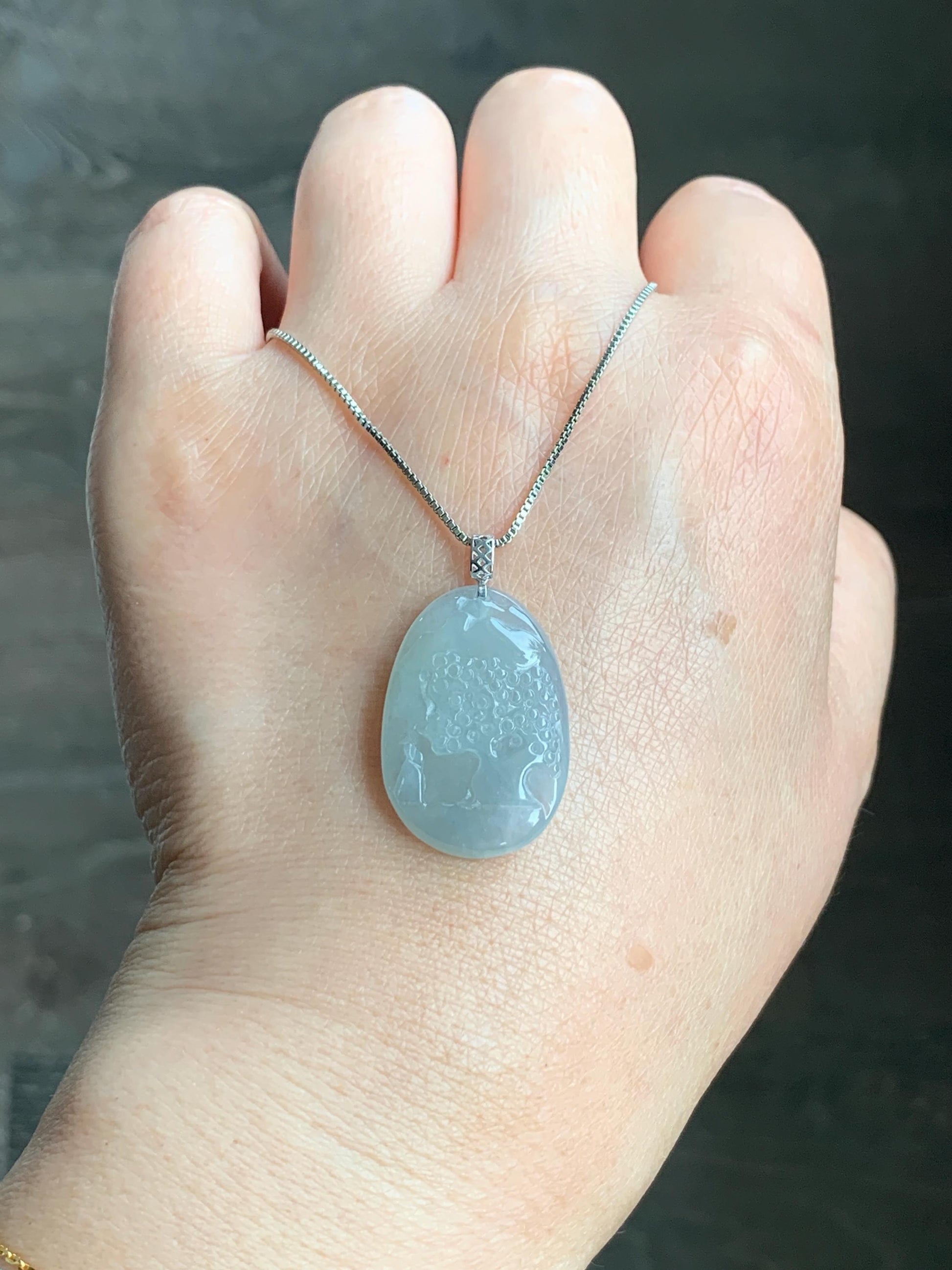 Natural Grade A Icy Translucent Gelatinous Dusty Blue Jadeite Shan Shui Landscape Scenery Pendant 18K White Gold 4g 天然冰淡蓝翡翠小山水牌吊坠 XMSH-A