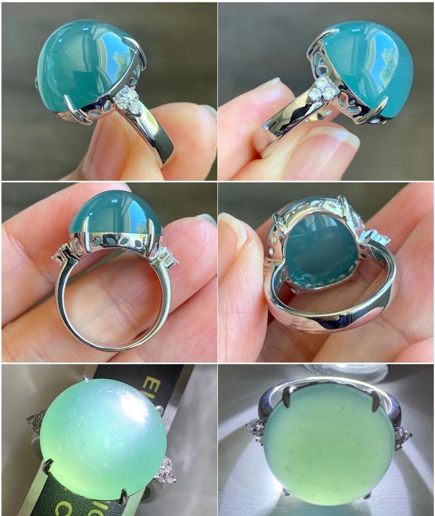 Certified Natural Guatemalan Icy Translucent Teal Blue Jadeite Round Solitaire Ring Sterling Silver Size 7.25 US 9.2g 天然冰危蓝翡翠大蛋面镶嵌戒指 3035