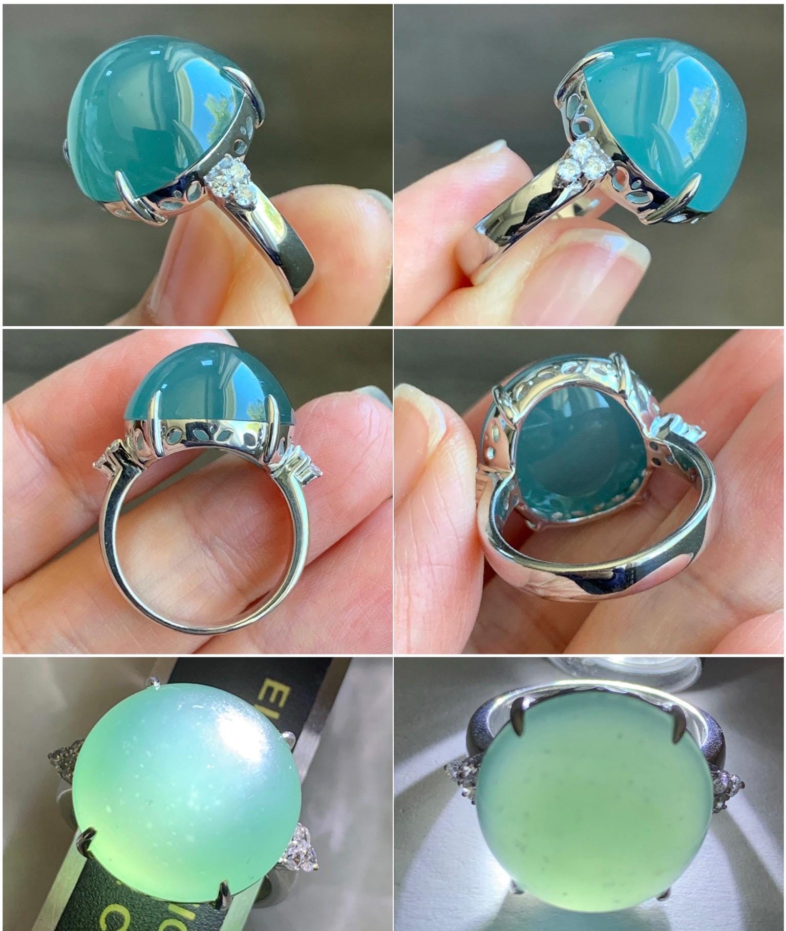 Certified Natural Guatemalan Icy Translucent Teal Blue Jadeite Round Solitaire Ring Sterling Silver Size 7.25 US 9.2g 天然冰危蓝翡翠大蛋面镶嵌戒指 3035