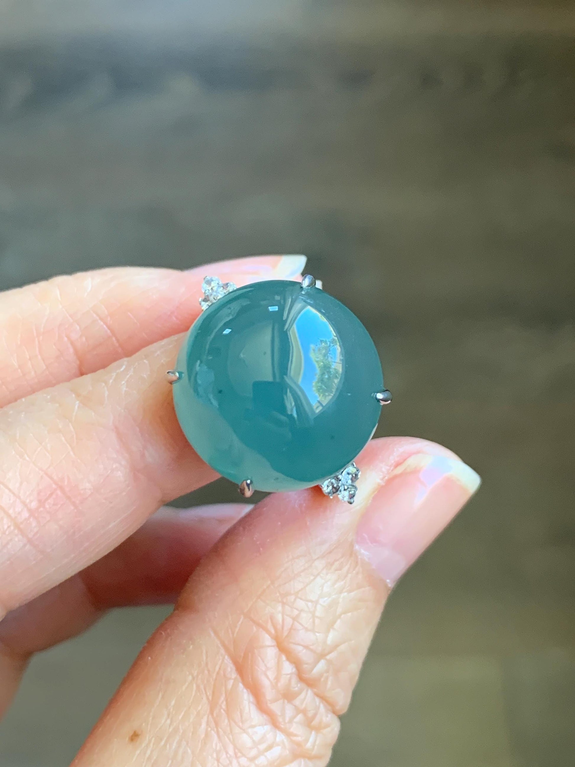 Certified Natural Guatemalan Icy Translucent Teal Blue Jadeite Round Solitaire Ring Sterling Silver Size 7.25 US 9.2g 天然冰危蓝翡翠大蛋面镶嵌戒指 3035