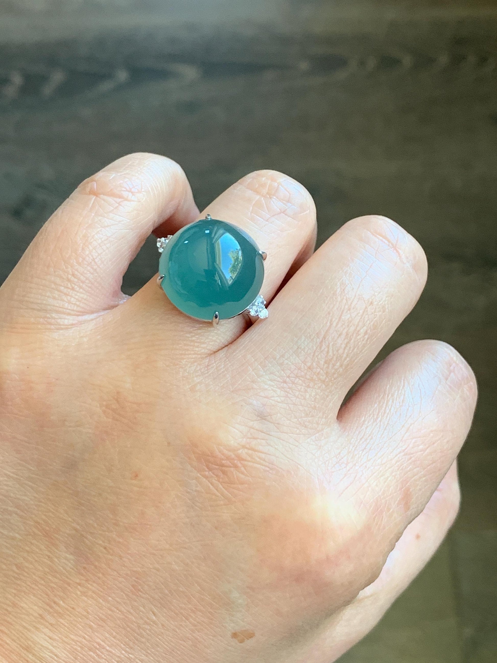 Certified Natural Guatemalan Icy Translucent Teal Blue Jadeite Round Solitaire Ring Sterling Silver Size 7.25 US 9.2g 天然冰危蓝翡翠大蛋面镶嵌戒指 3035