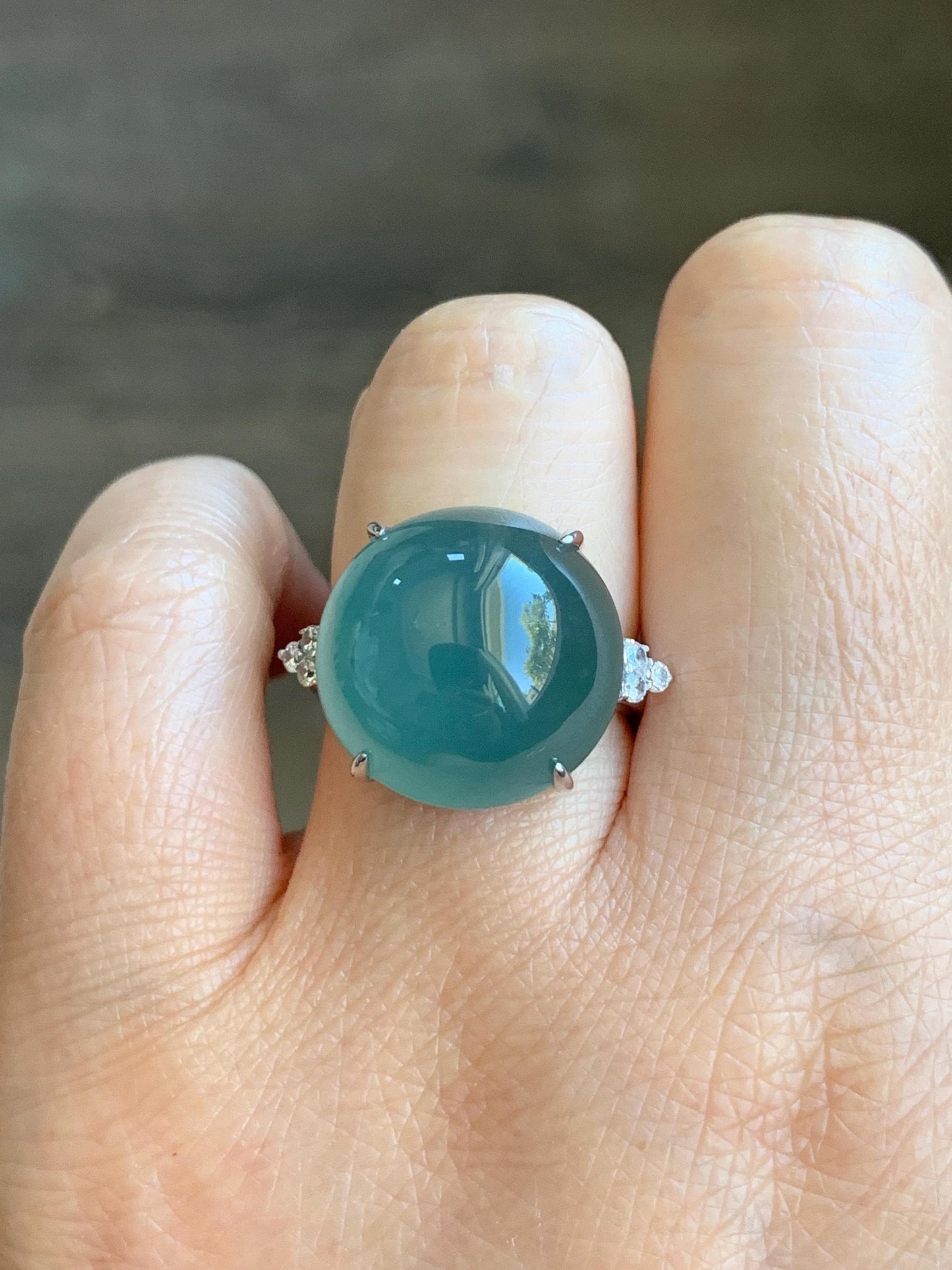 Certified Natural Guatemalan Icy Translucent Teal Blue Jadeite Round Solitaire Ring Sterling Silver Size 7.25 US 9.2g 天然冰危蓝翡翠大蛋面镶嵌戒指 3035