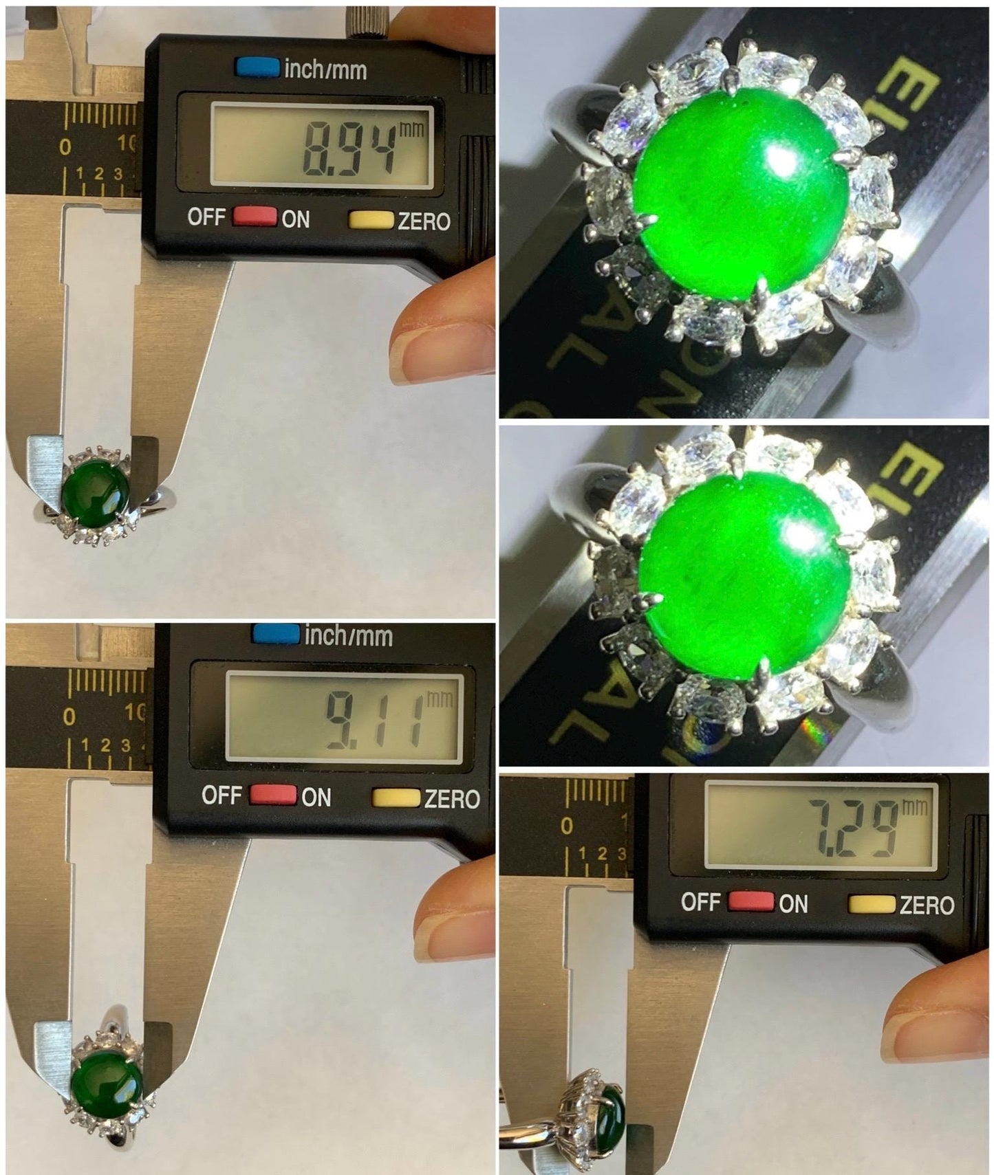 Natural Grade A Guatemalan Icy Translucent Vibrant Green Round Cabochon Jadeite Halo Ring Sterling Silver Size Adjustable 天然冰危绿翡翠银镶戒指 WLH150