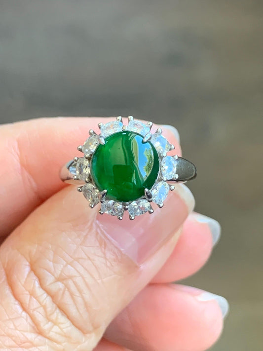 Natural Grade A Guatemalan Icy Translucent Vibrant Green Round Cabochon Jadeite Halo Ring Sterling Silver Size Adjustable 天然冰危绿翡翠银镶戒指 WLH150