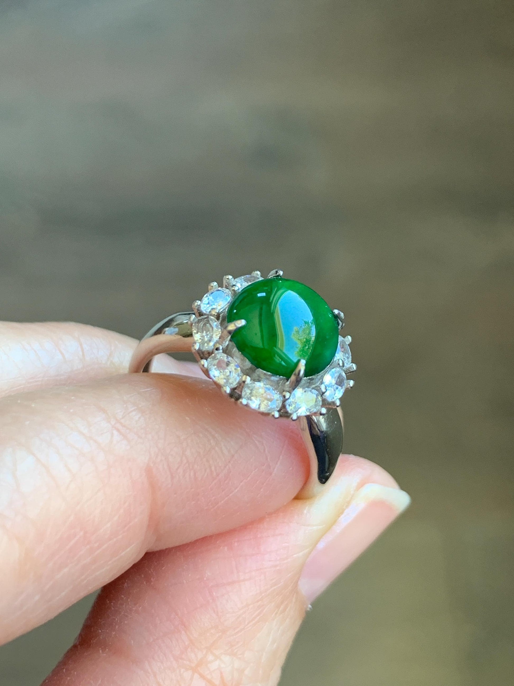 Natural Grade A Guatemalan Icy Translucent Vibrant Green Round Cabochon Jadeite Halo Ring Sterling Silver Size Adjustable 天然冰危绿翡翠银镶戒指 WLH150