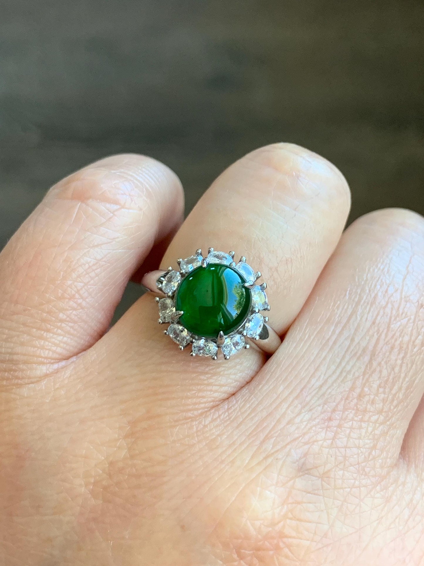 Natural Grade A Guatemalan Icy Translucent Vibrant Green Round Cabochon Jadeite Halo Ring Sterling Silver Size Adjustable 天然冰危绿翡翠银镶戒指 WLH150