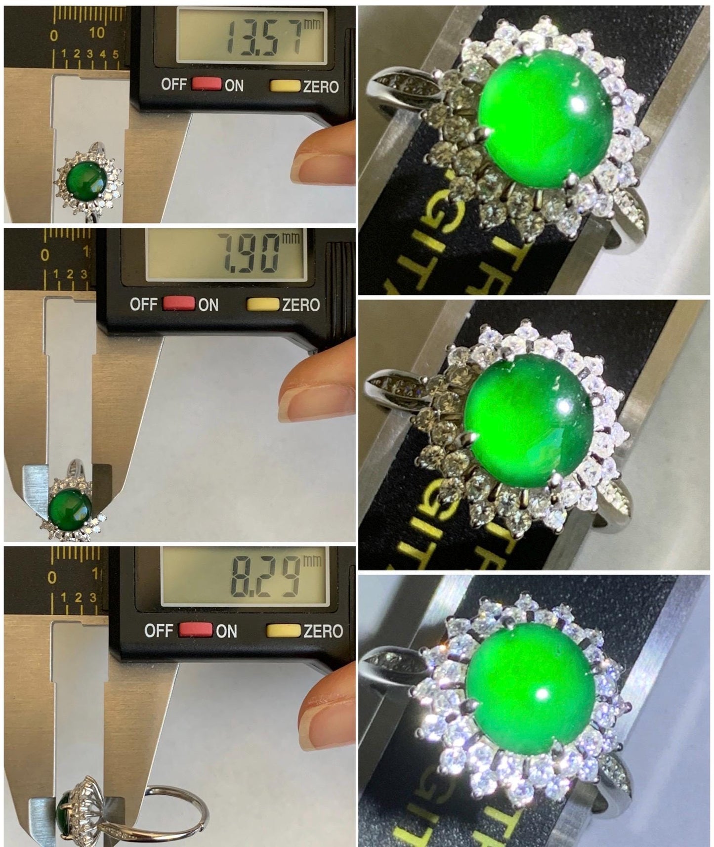 Natural Grade A Guatemalan Icy Translucent Vibrant Green Round Cabochon Jadeite Halo Ring Sterling Silver Size Adjustable 天然冰危绿翡翠银镶戒指 WLH110
