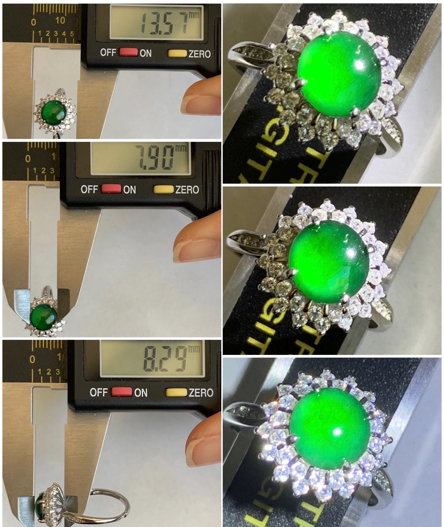 Natural Grade A Guatemalan Icy Translucent Vibrant Green Round Cabochon Jadeite Halo Ring Sterling Silver Size Adjustable 天然冰危绿翡翠银镶戒指 WLH110