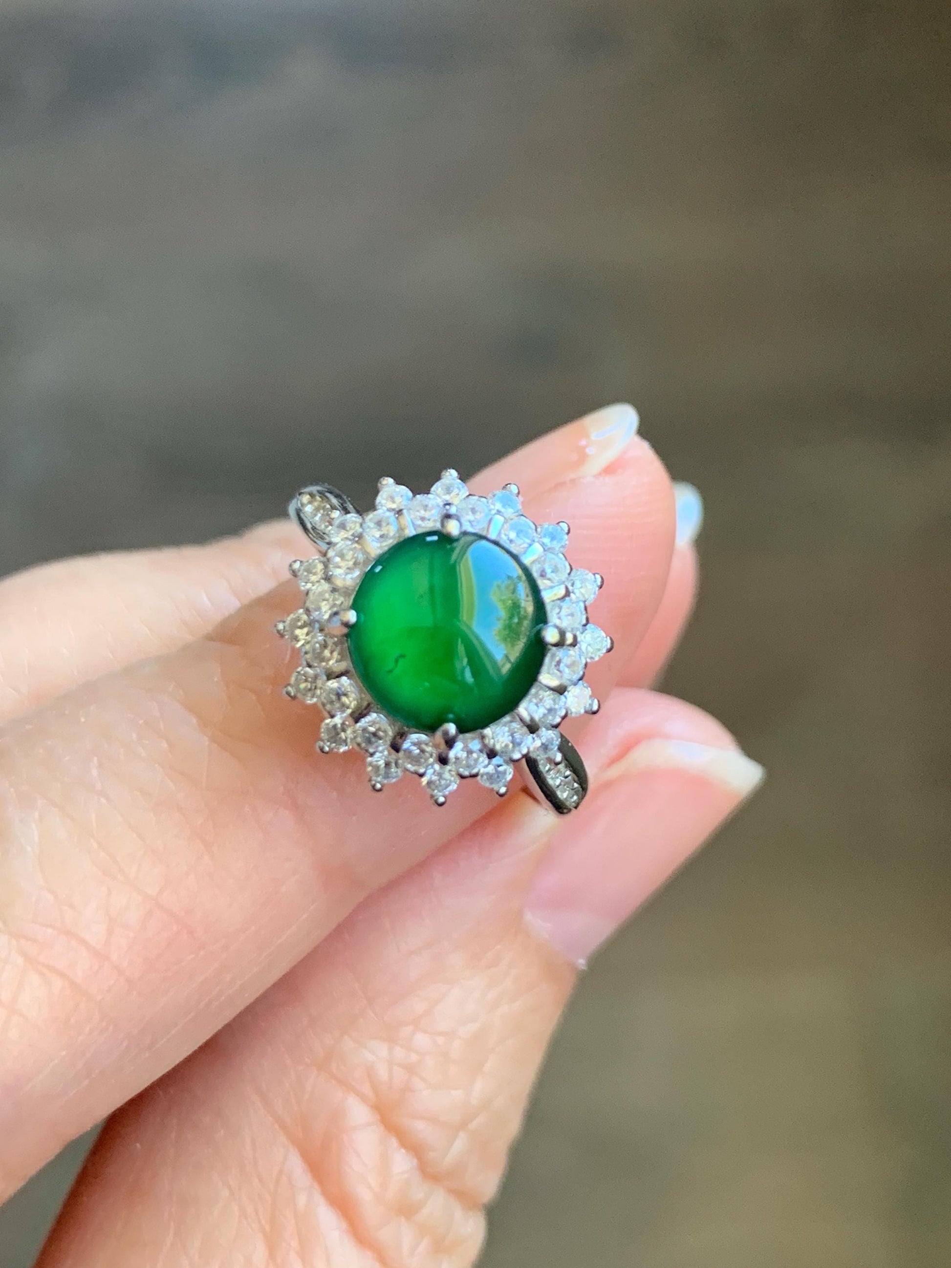 Natural Grade A Guatemalan Icy Translucent Vibrant Green Round Cabochon Jadeite Halo Ring Sterling Silver Size Adjustable 天然冰危绿翡翠银镶戒指 WLH110