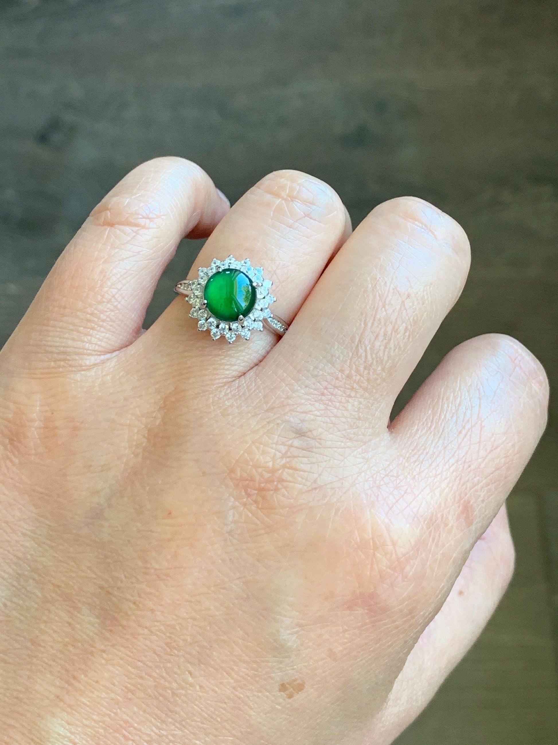 Natural Grade A Guatemalan Icy Translucent Vibrant Green Round Cabochon Jadeite Halo Ring Sterling Silver Size Adjustable 天然冰危绿翡翠银镶戒指 WLH110