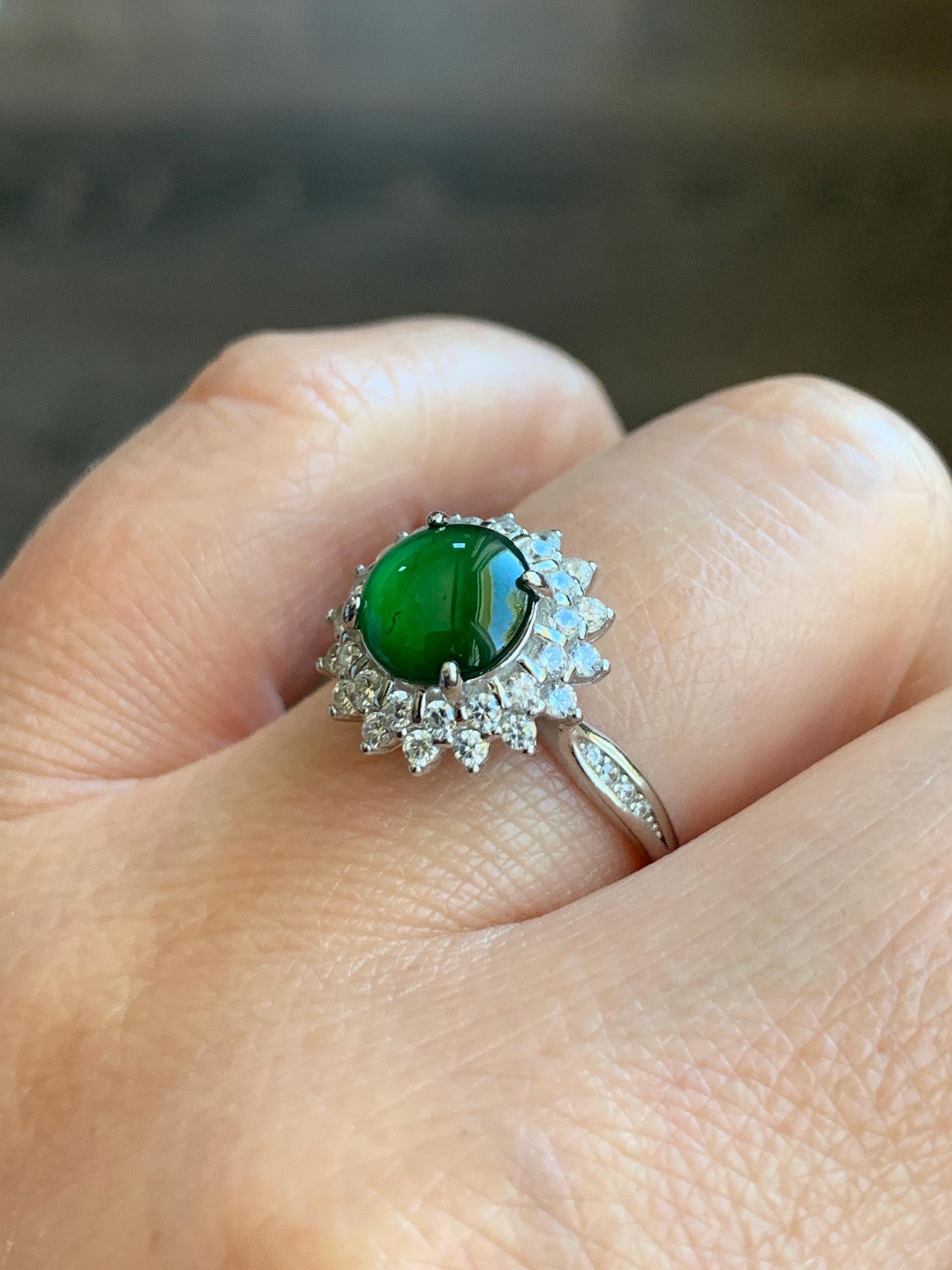 Natural Grade A Guatemalan Icy Translucent Vibrant Green Round Cabochon Jadeite Halo Ring Sterling Silver Size Adjustable 天然冰危绿翡翠银镶戒指 WLH110