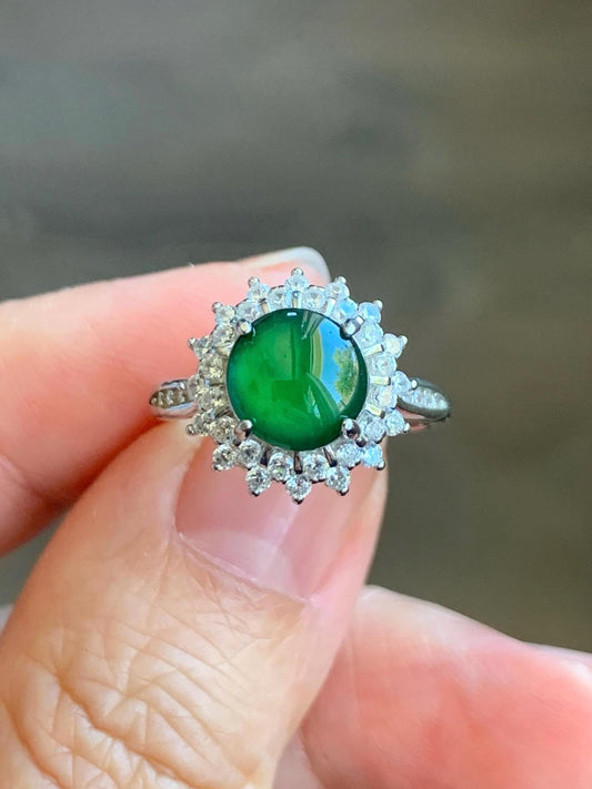 Natural Grade A Guatemalan Icy Translucent Vibrant Green Round Cabochon Jadeite Halo Ring Sterling Silver Size Adjustable 天然冰危绿翡翠银镶戒指 WLH110